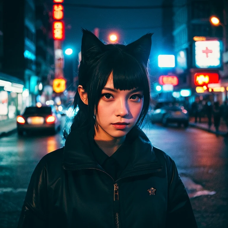 Portrait photo of an anthropomorphic black cat at twilight in a cyberpunk-style city