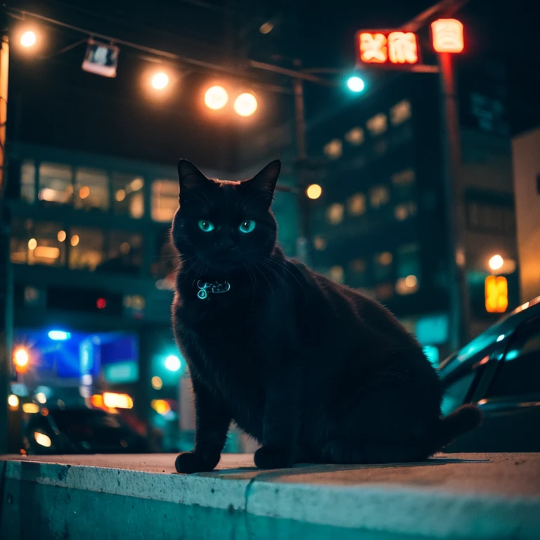 Portrait photo of an anthropomorphic black cat at twilight in a cyberpunk-style city