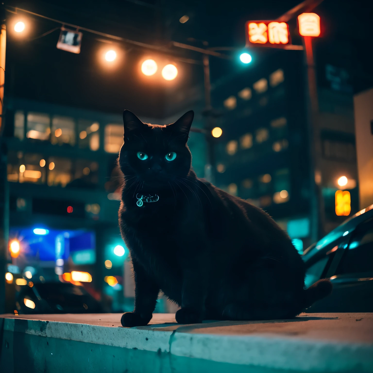 Portrait photo of an anthropomorphic black cat at twilight in a cyberpunk-style city