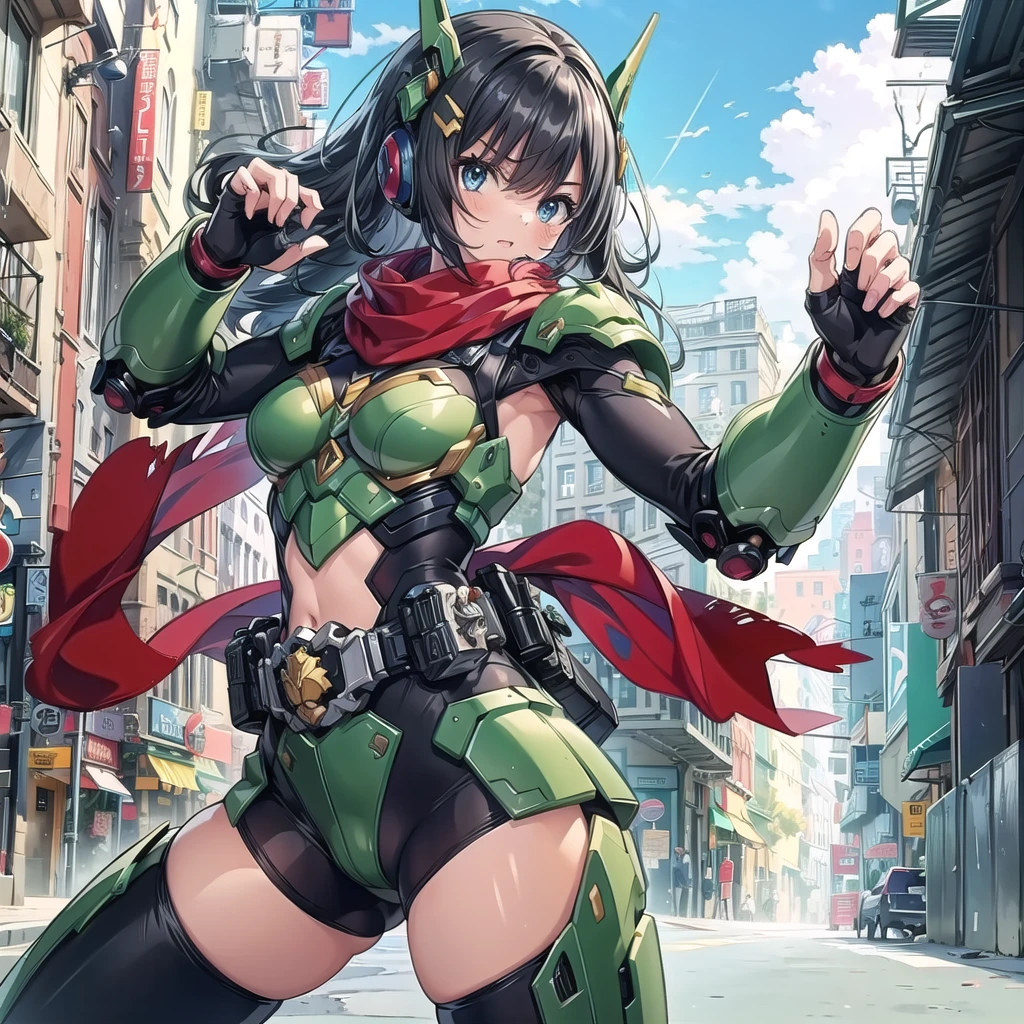 masterpiece, best quality, high resolution, extremely detailed CG, 1girl,  Transforming heroine, henshin belt, ((black_hair)), mecha belt, headgear, (red_scarf), mecha armored, thighs, thighs boots, roadshow, street, fighting stance, looking at viewer, hero posing,More Detail, blue sky