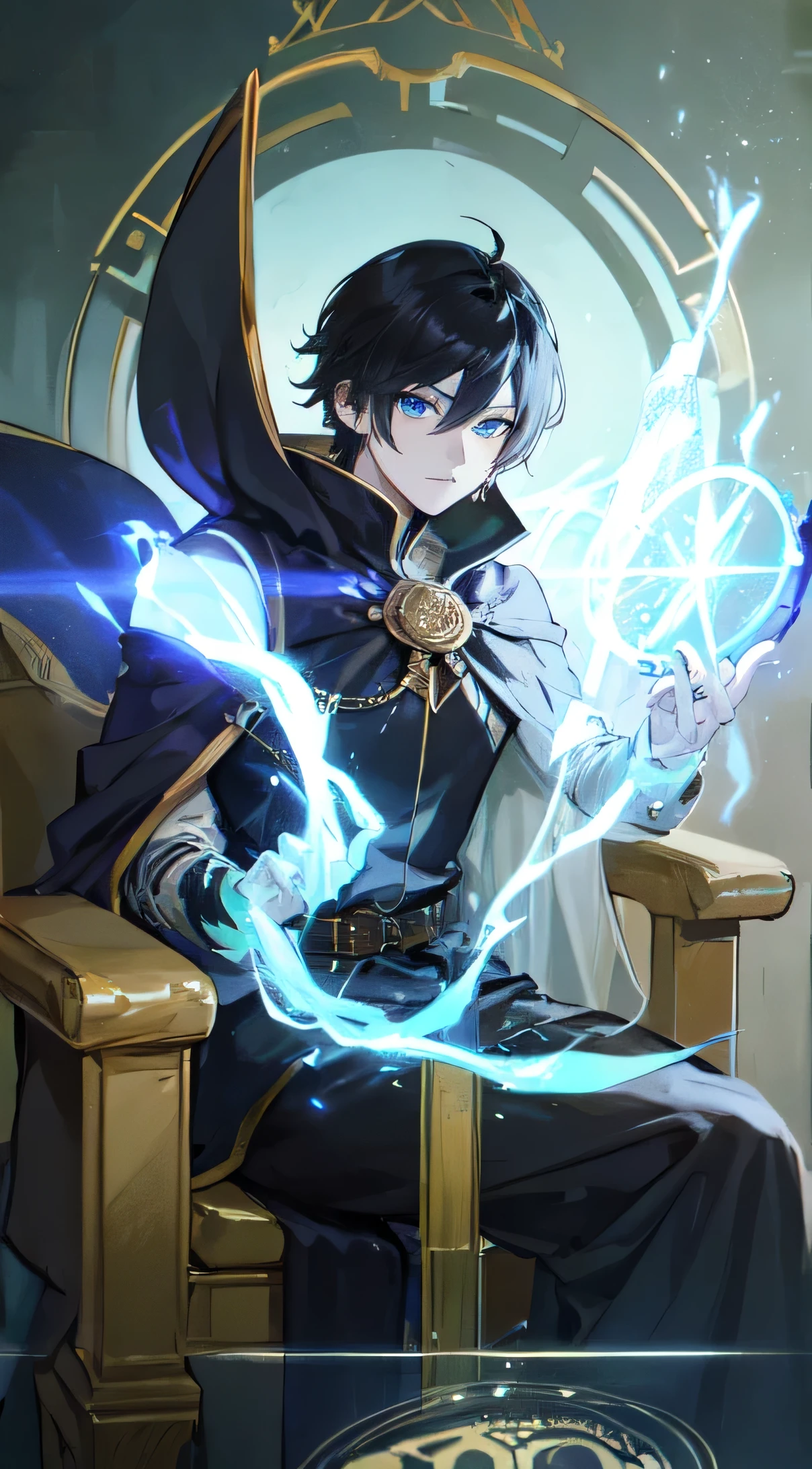 22 year old male, Black short straight hair, blue eyes, Black Elegance, Black hoodless cape ,Control light and dark, Make it like tarot anime style but without the frame, The eyes are firm, magic circle, Light, dark, Light Particles, dark particles, gods, world, Demon God, energy, throne