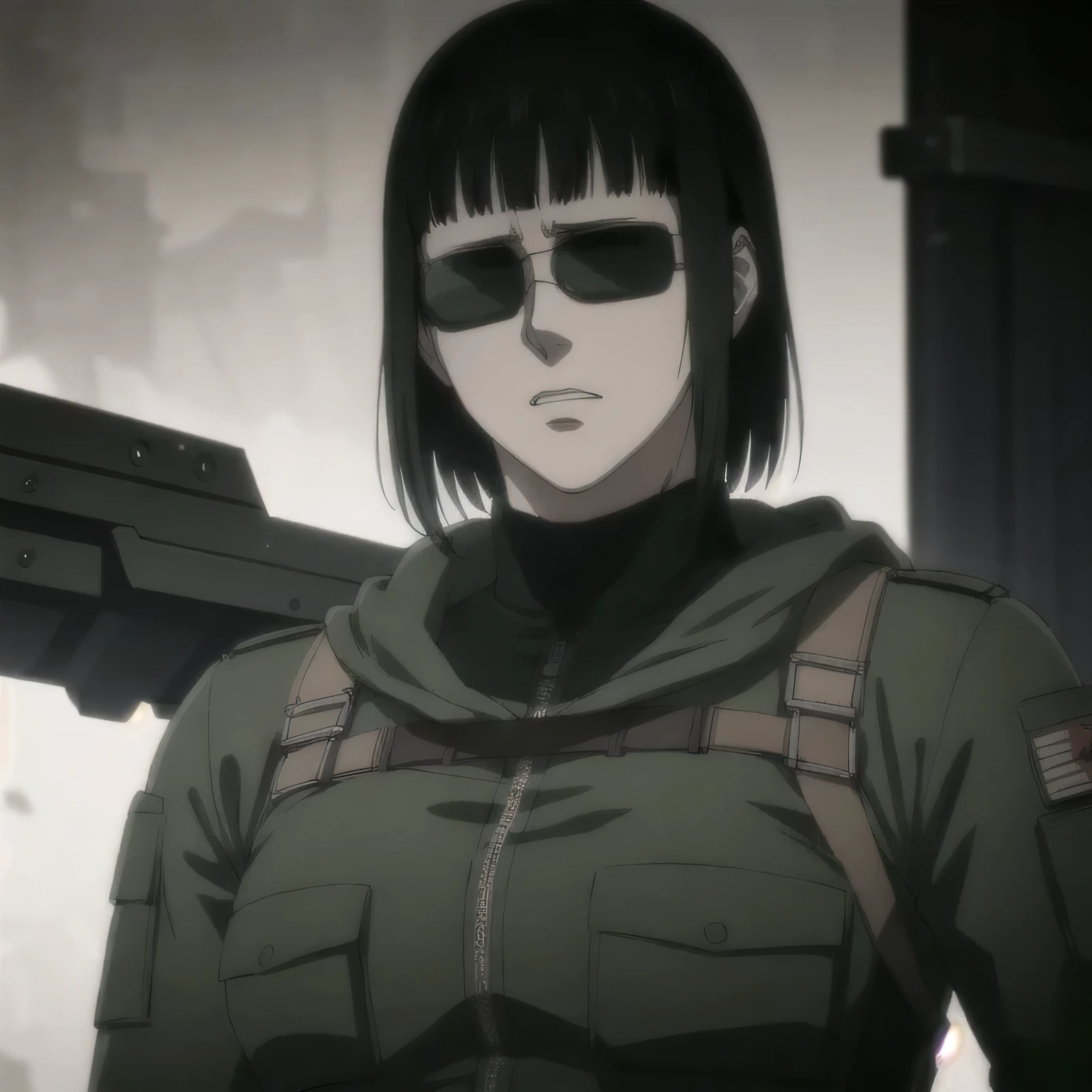 (best quality,ultra-detailed,realistic:1.37),military ,muscular badass girl Sunglasses wearing pilot, full review of the female character's face and body, intense expression, strong and confident posture, studio lighting, vivid colors, physiologically-based rendering, grungy texture, rugged background, dust particles in the air, commanding presence, professional, powerful, gritty aesthetics,,Valmet،short hair,
