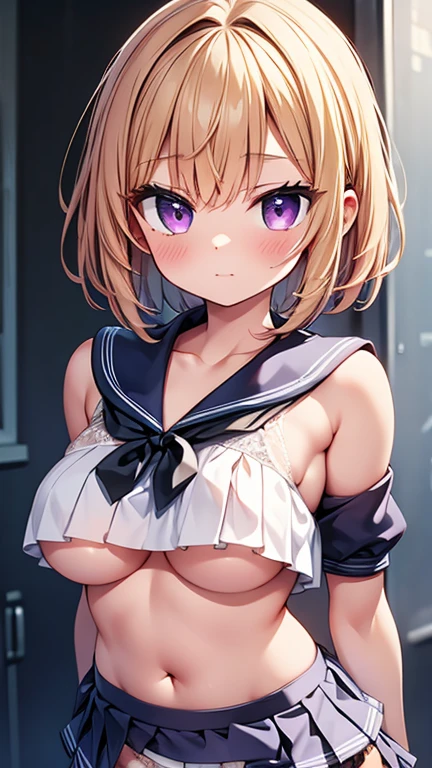 masterpiece, highest quality, super detailed, 8K, portrait shot, 1 girl, looking at the viewer, turn your arms behind your back, (Black Band Top:1.3), (white lace panties:1.5), bare shoulders, clavicle, (underboob:1.3), cleavage, huge breasts, short hair, pink hair, purple eyes,(expensive , pleated mini skirt:1.5), written boundary depth,sailor suit