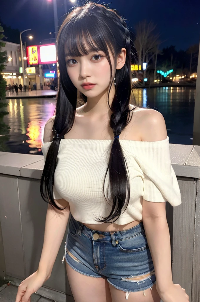 muste piece, best quality, illustration, Super detailed, fine details, High resolution, 8K,wall paper, perfect dynamic composition,(Details High quality, realistic depiction of eyes:1.3), Off-shoulder t-shirt and denim mini shorts, zip down, undressing, twintail, black hair color, Big Natural Color Lip, bold sexy pose, (perfect body shape), crying a little、cold gaze, Harajuku style、20 year old girl、cute type、lolita、beautiful legs, nightclub, hposing Gravure Idol, Voluptuous thighs, at midnight, after sex