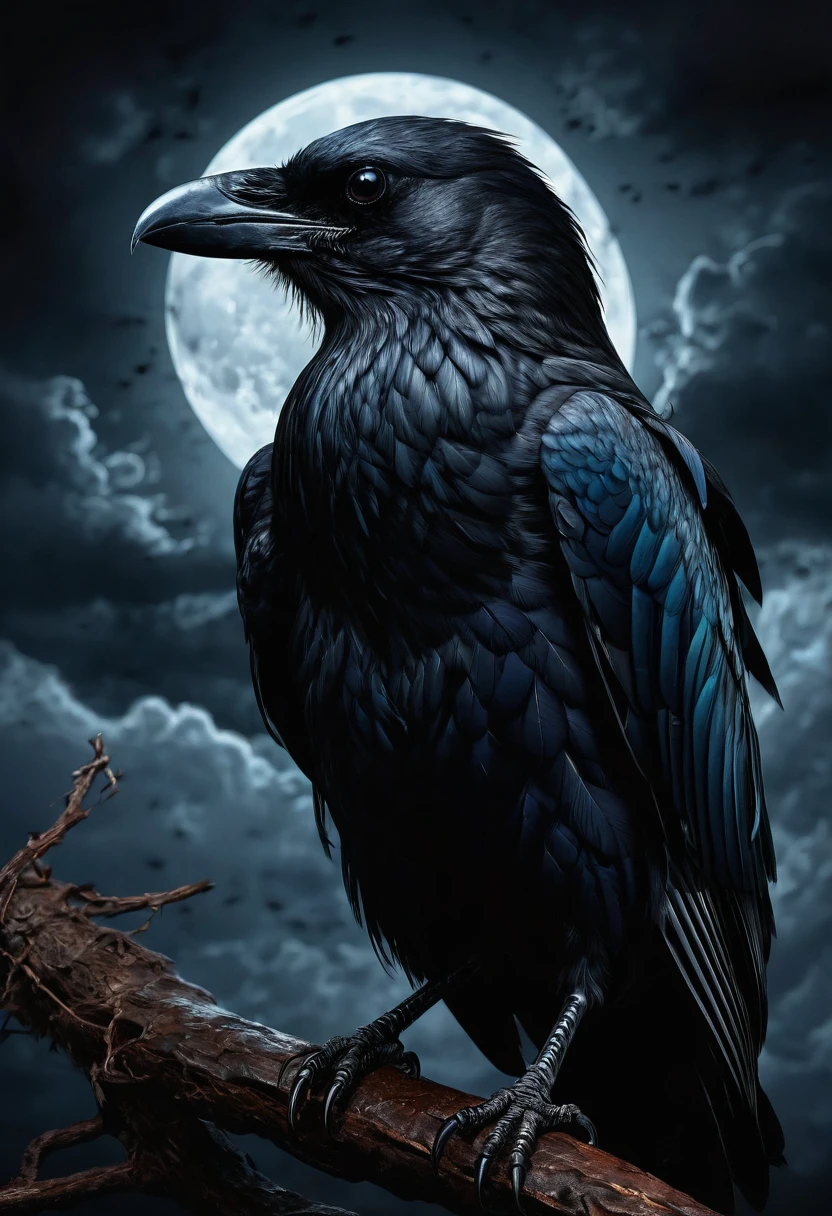 best quality,ultra-detailed,(realistic:1.37) paintings,dark and mysterious atmosphere,ominous colors,[crow],intricate feathers,sharp beak,penetrating gaze,intense expression,eerie silhouette,sinister presence,nighttime scene,moonlit sky,clouds,dramatic lighting,contrast of light and shadow,gothic style,dramatic brushstrokes,texture and depth,colorful plumage,majestic wingspread,haunting presence,foreboding,loneliness,uneasy feeling,impressive details,beautifully captured essence,artistic masterpiece