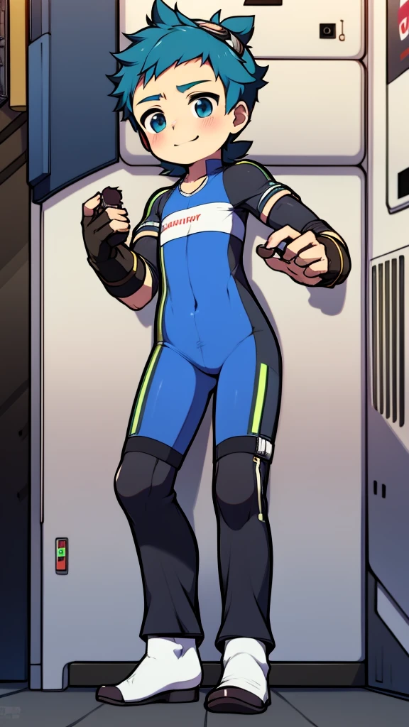 ((A young boy))，(Youthful feeling)，One-piece mountaineering suit，slender figure,Healthy limbs，goggles，fingerless gloves，cotton socks，short sleeves，stand up，Smile