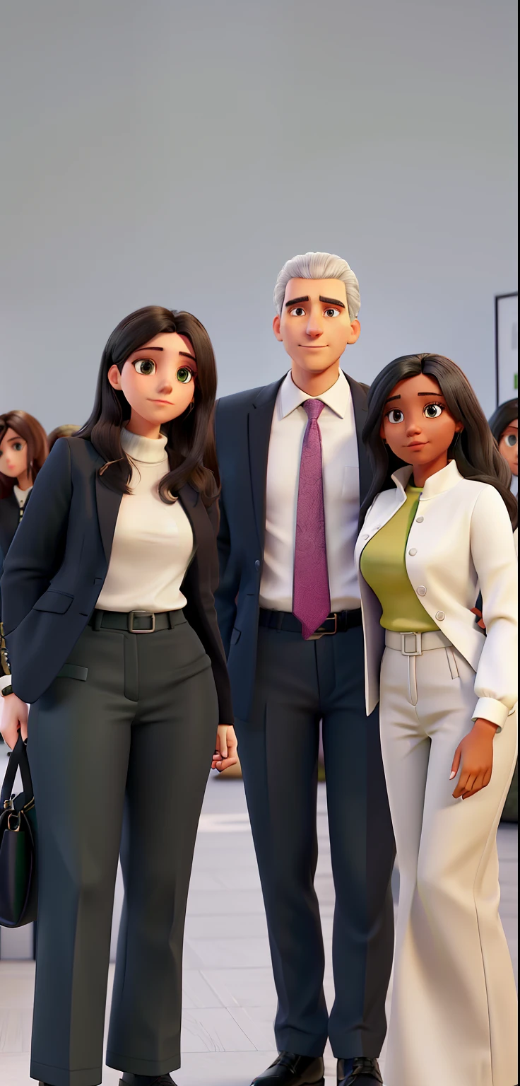 A 21-year-old woman with a white turtleneck blouse and a black blazer over it and green pants with short dark hair, in the middle, minister Luis Roberto Barroso with a dark blue suit and a light dress blouse with gray onion, next to him Lourena with long dark hair, a white dress blouse and beige pants