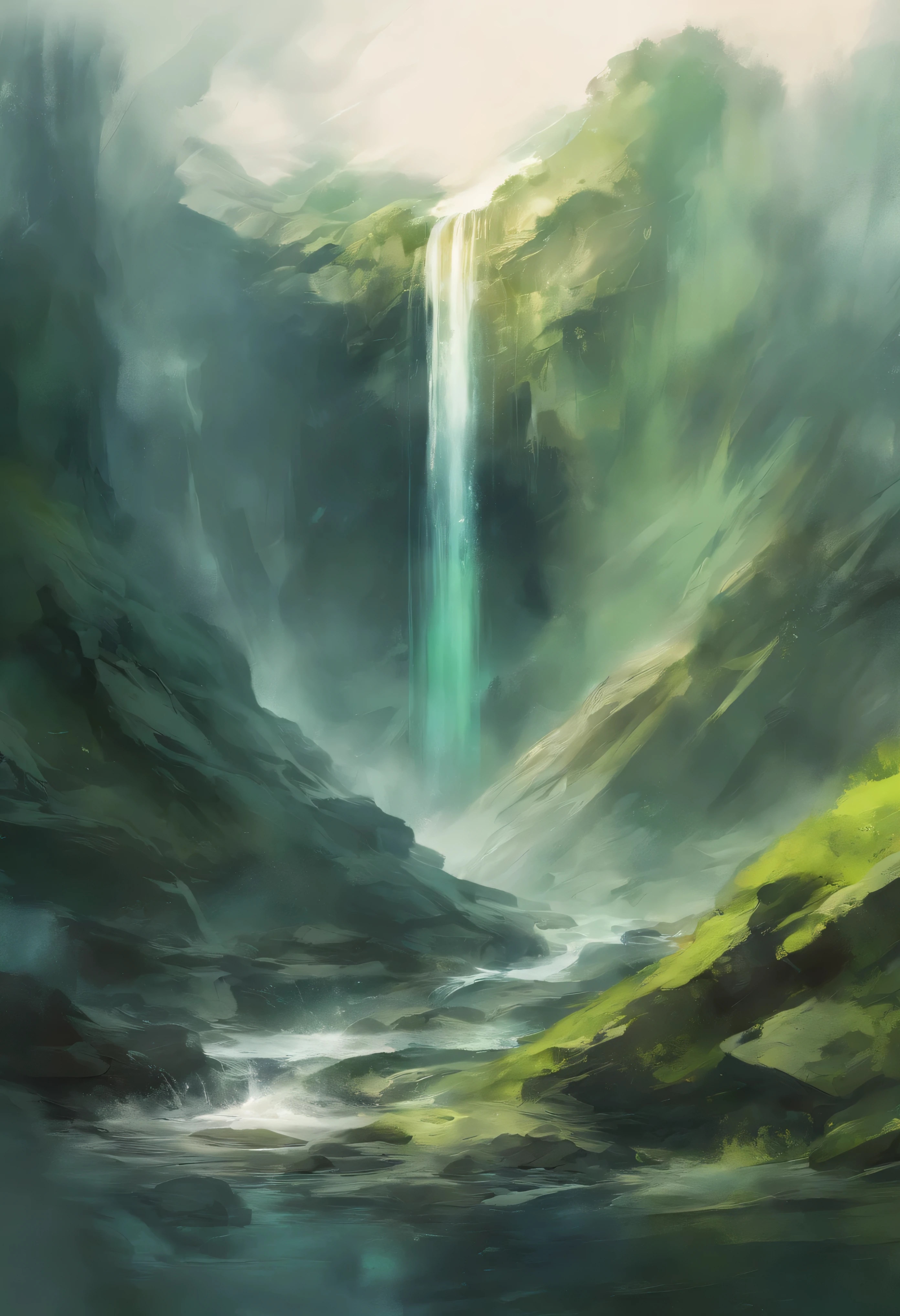 (masterpiece), anime, (photo_(medium):1.0), by Antonio J. Manzanedo, by Jeremy Lipking, giant mysterious rock in background, electric waterfall, waterfall made of lightning, lightning, in a surreal landscape, painting style with watercolor, brushstrokes, cyberpunk, japanese aesthetic, pastel colors, muted colors, monochromatic, one bright accent color, monochrome, pastel colors, green