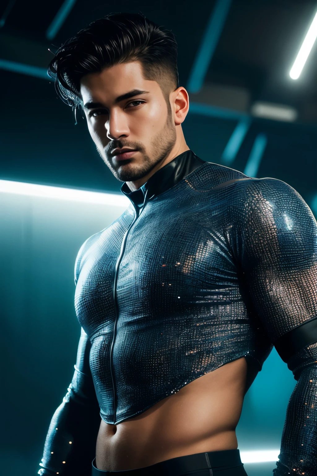 30 years old man, stubble, wearing transparent see-through futuristic clothes, breathtaking grandeur, LED internal lighting, cyberpunk style, fibre optic hair, glowing blue iris, muscular, best quality, masterpiece, intricate details, dynamic pose, dynamic angle, (surreal), (illustration), ((oil painting \(medium\):1.2)), sharp focus, soft lighting, vibrant colors, cinematic photography, dynamic angle, volumetric lighting, film grain, hard shadows