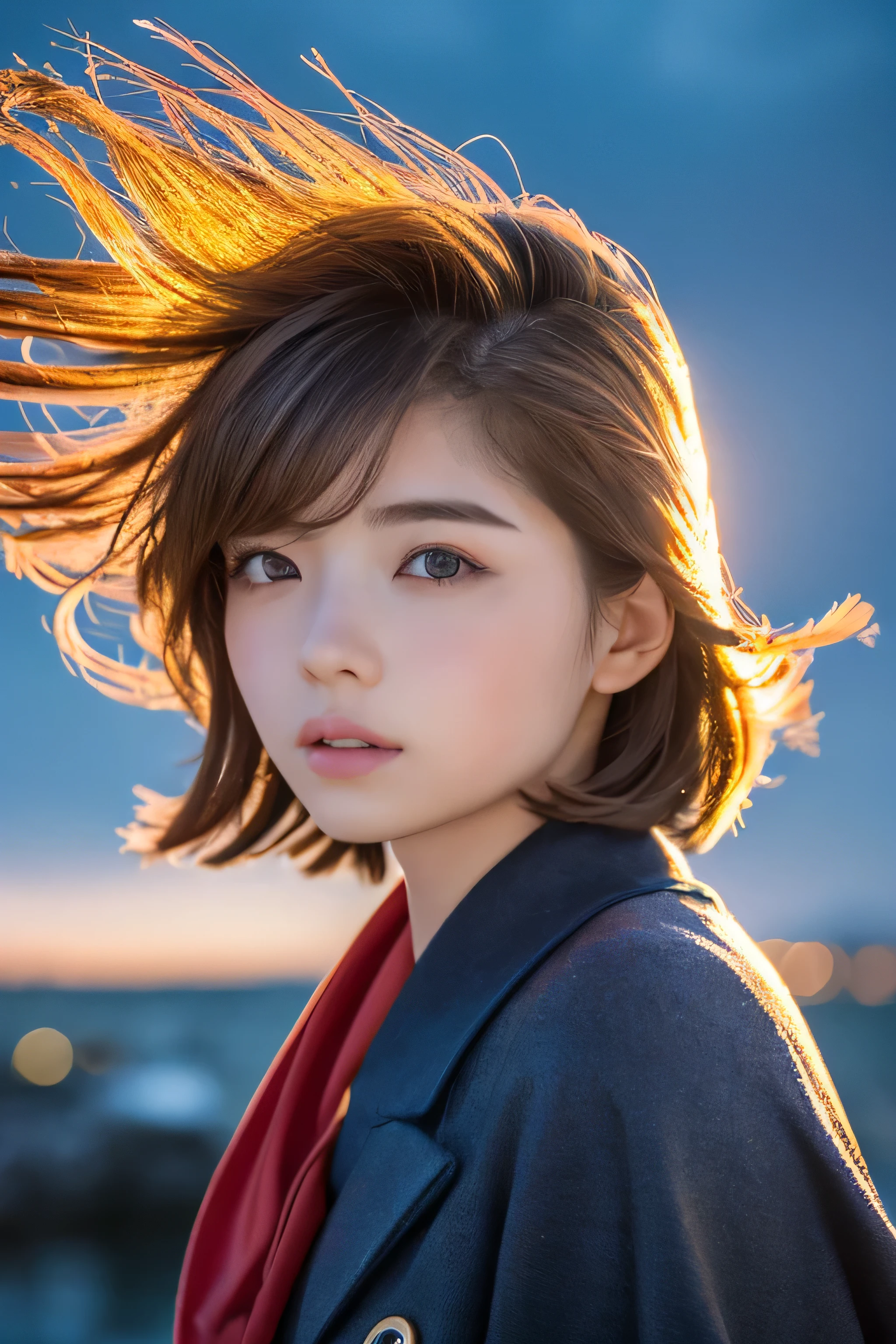 ((hair blowing in the wind、No makeup:1.2))、(realistic、Photoreal、super detailed、best detailed skins、highest quality、masterpiece、超A high resolution)、cute russian woman、14 years、high school girl、young girl、1 girl、have bangs、ash blonde:1.7、double eyelid、drooling eyes、Japanese style face、purity、realistic skin type、Thick fluffy hair、red cheeks、The wind is blowing、lighting from behind、hair blowing in the windがステキ、((short hair、port at night、illuminated by moonlight))