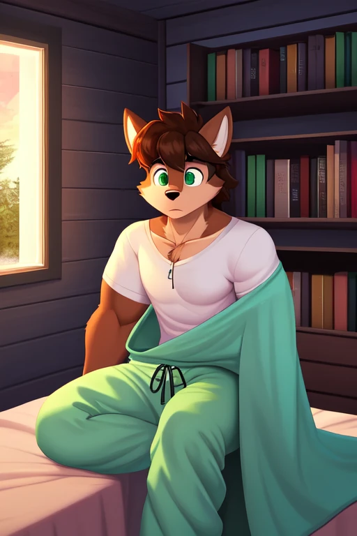 Furry anthropomorphic wolf, Russet brown fur, dark brown hair, dark green eyes, 6'1 and 173 lbs, 41" Chest, 19" Shoulders, 13" Biceps, 32" waist, 23" Thighs, 15" Calves, 19" Back, wearing white T-shirt, wearing mint green pajama pants, sitting on edge of bed, inside bedroom, green walls, logcabin, bookshelves, terrariums, maps on the walls, night time scene, late at night, looking down, worried, staring, blanket wrapped themself, soft colors, vivid colors, pastel color, soft shading