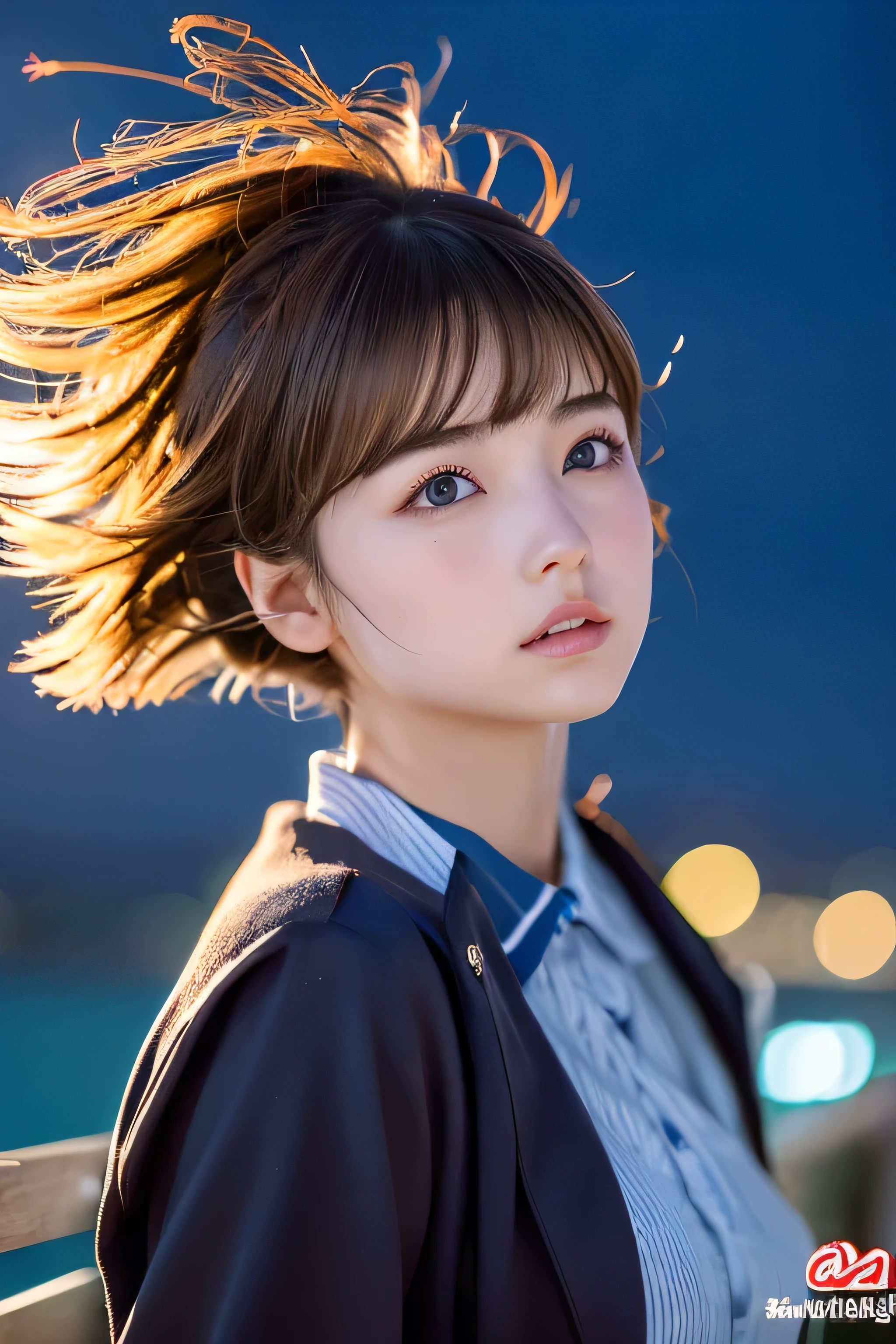 ((hair blowing in the wind、No makeup:1.2))、(realistic、Photoreal、super detailed、best detailed skins、highest quality、masterpiece、超A high resolution)、cute russian woman、14 years、high school girl、young girl、1 girl、have bangs、ash blonde:1.7、double eyelid、drooling eyes、Japanese style face、purity、realistic skin type、Thick fluffy hair、red cheeks、The wind is blowing、lighting from behind、hair blowing in the windがステキ、((short hair、port at night、illuminated by moonlight))