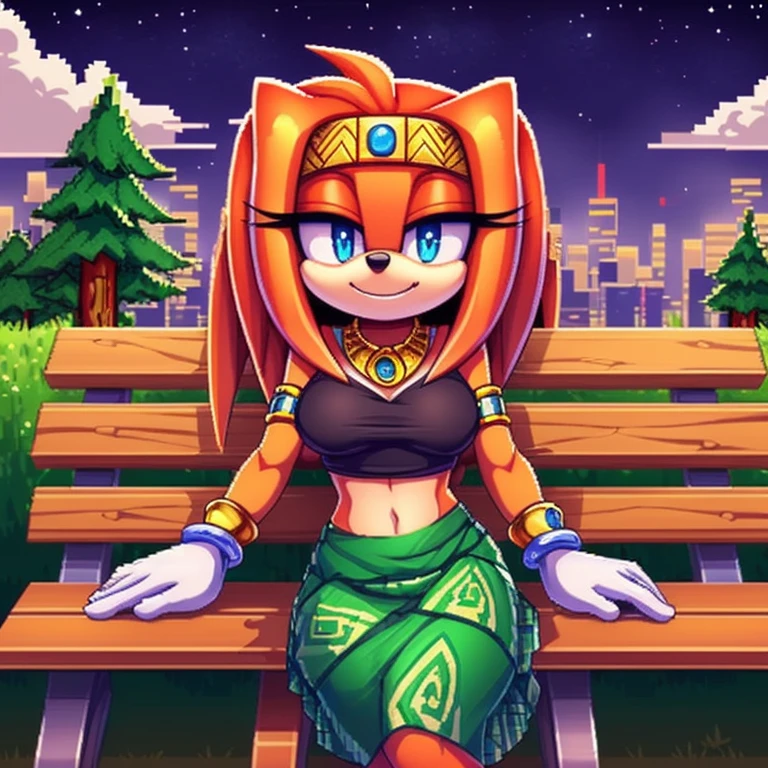(uploaded on e621 superior quality award winning quality), (intricate detail and scene composition and complex design), (widescreen absurd res 2D digital media drawn in sprite pixel art style and isometric role playing game style:1.2), (solo 1girl three-quarter portrait close up front view looking at viewer:1.2), perfect ??????? 5 fingers, excellent facial detail, (female cute  anthro Tikal the echidna), half-closed eyes blue eyes, (smirk:1.2), (wearing green patterned skirt and top:1.2), medium breasts, white gloves, armlet, midriff, (hand behind head and hand on bench sitting on a wooden bench in a park with trees and night sky and suburb skyline in the background),