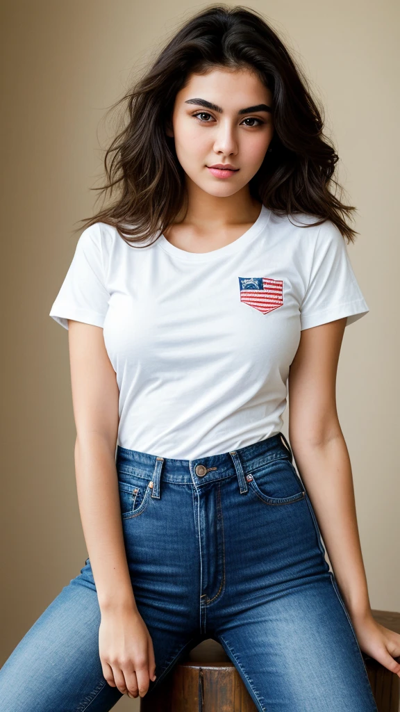beautiful girl, medium hair, thick eyebrows, round eyes, sensual lips, sharp nose, V chin, round breasts, sexy body, (wearing t-shirt, denim jeans), experienced model posing, in texas, masterpiece, best quality, detailed, realistic
