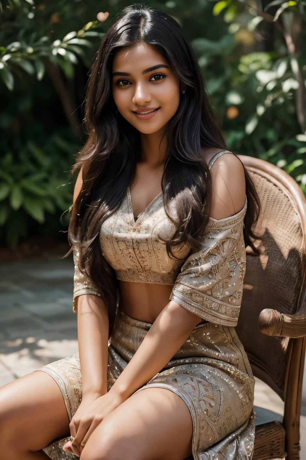 (Best quality, high resolution, ultra-detailed: 1.5), Indian origin, 19-year-old, cute young attractive girl, long black hair with vibrant highlights, sitting on a plush chair at home, wearing trendy Indian-inspired attire, given to posing for Instagram photography, expressing playful and captivating expressions, showcasing a radiant and engaging smile, burst mode capturing multiple shots, natural lighting, warm tones, intricately detailed textures, maximum aperture for shallow depth of field, focused on her beautiful eyes and gleaming teeth, full-length view, capture her grace and elegance, 'bokeh' effect in the