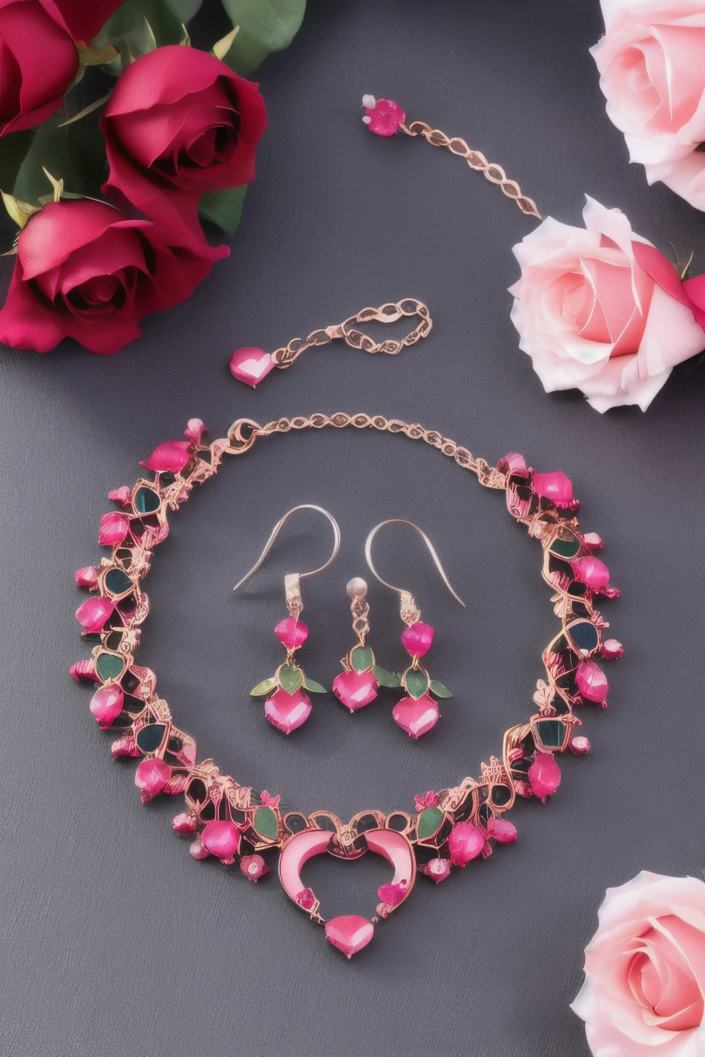 Generate me a jewelry set design with red roses and pink heart