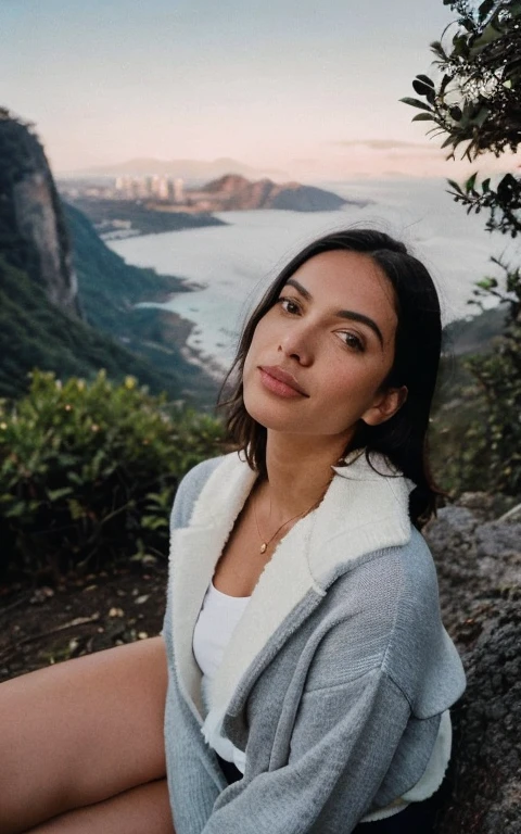 a woman sitting on a rock looking at the camera, malika favre, foto da bela gal gadot, alexandria ocasio-cortez, alexandria ocasio - cortez, olivia de bernardinis, alexandria ocasio cortez, powder Nándor Katona, com montanhas como pano de fundo, parado na frente de uma montanha, por Niko Henrichon, Violeta Myers