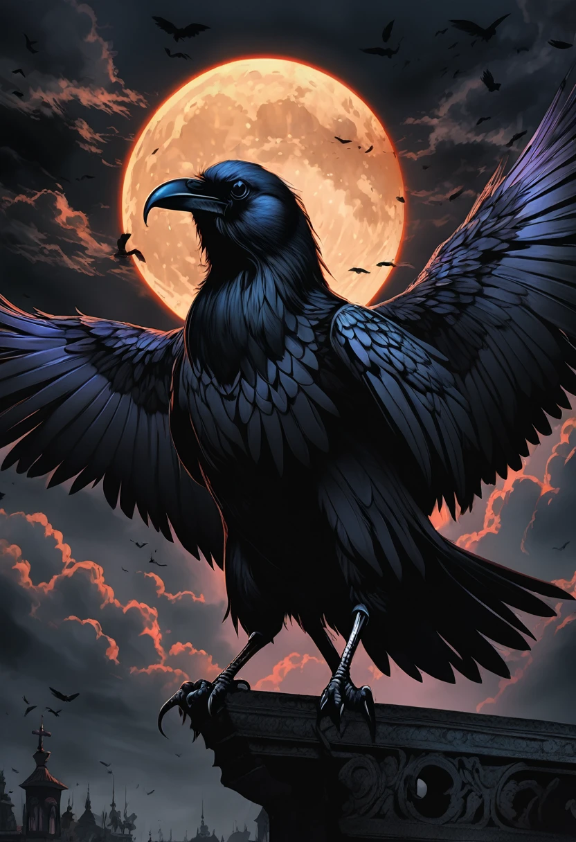 best quality,ultra-detailed,(realistic:1.37) paintings,dark and mysterious atmosphere,ominous colors,[crow],intricate feathers,sharp beak,penetrating gaze,intense expression,eerie silhouette,sinister presence,nighttime scene,moonlit sky,clouds,dramatic lighting,contrast of light and shadow,gothic style,dramatic brushstrokes,texture and depth,colorful plumage,majestic wingspread,haunting presence,foreboding,loneliness,uneasy feeling,impressive details,beautifully captured essence,artistic masterpiece