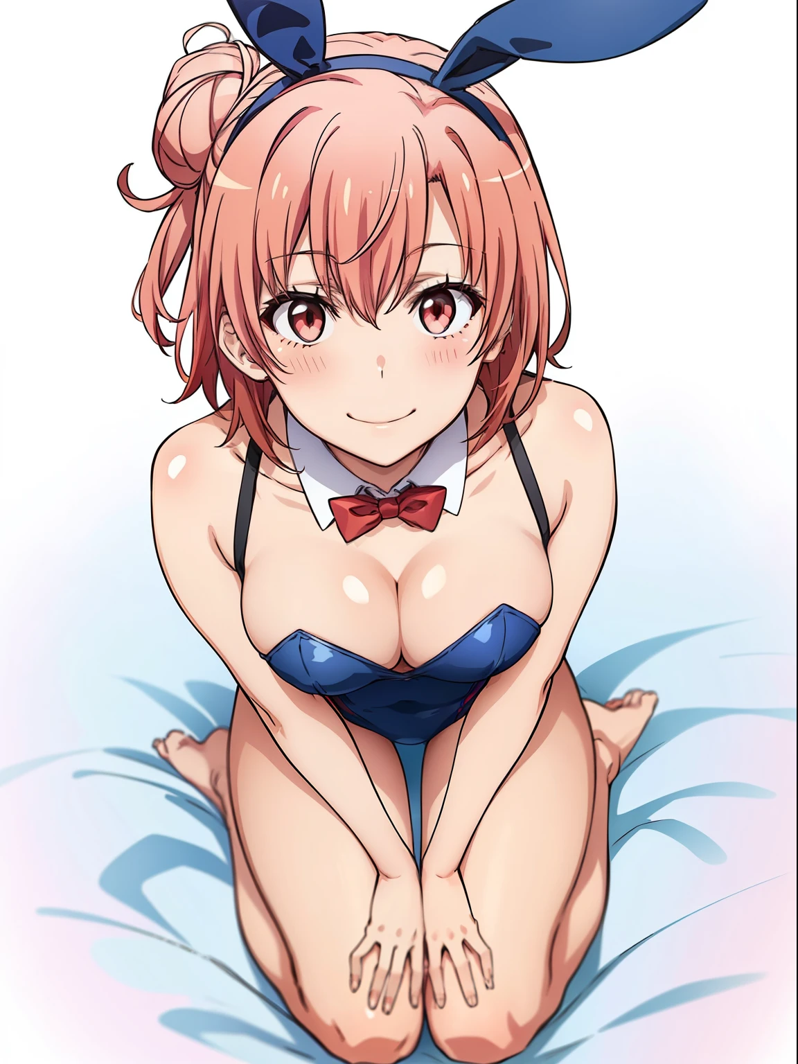 ((masutepiece, Best Quality, hight resolution, nffsw, Perfect Pixel, depth of fields, 4K, )), 1girl in, Solo, , Beautiful anime girl, Beautiful Art Style, close up, Looking up at Viewer, Perfect body, Yuigahama Yui, Short hair, single hair bun, pink hair, (large boob), Full face blush, Smile, thighs thighs thighs thighs, navy playboy bunny, cleavage, red bowtie, white background, hands on knees, shot from above, Focus,