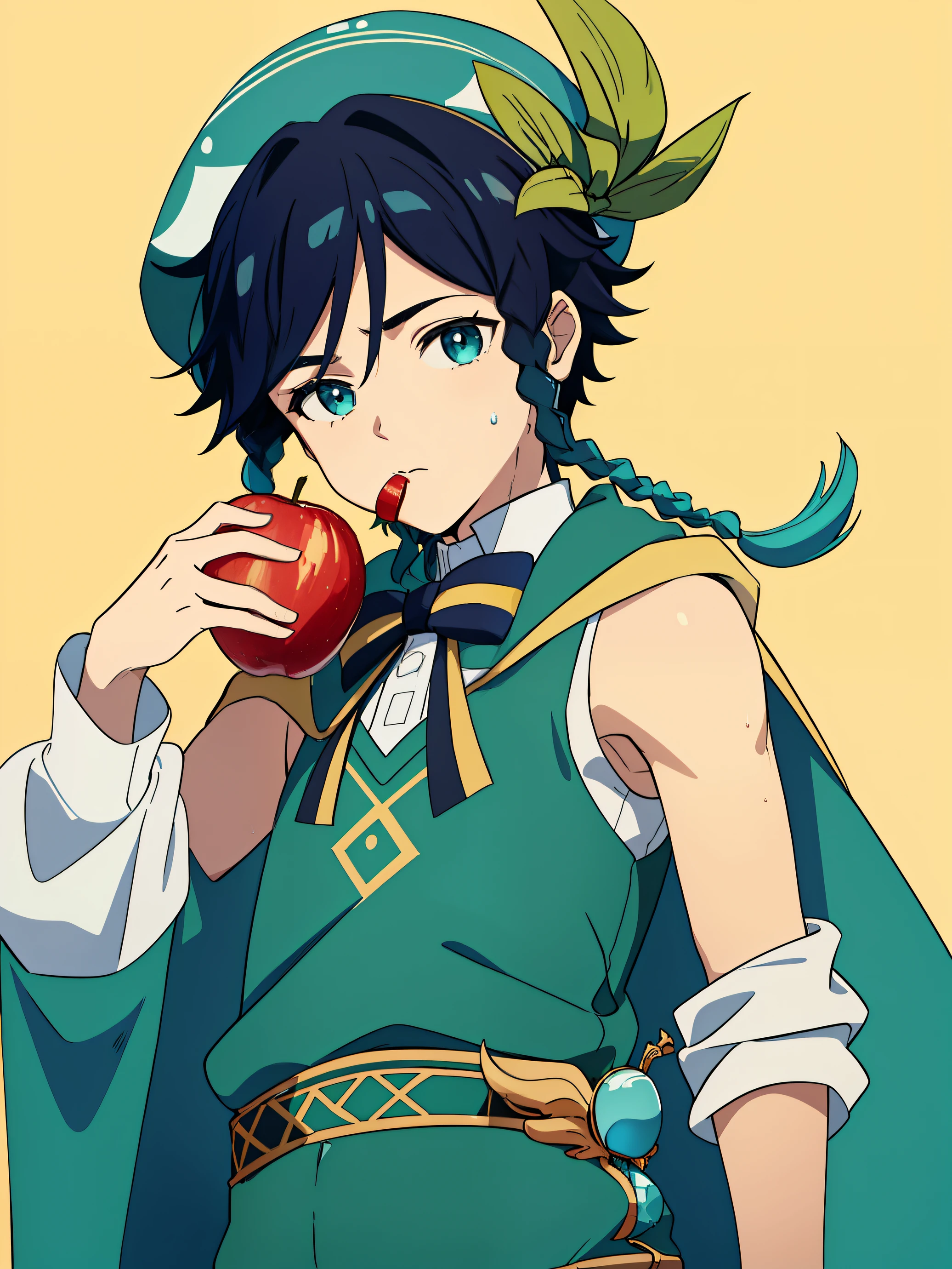 Highres, Masterpiece, Best quality at best,Best Quality,hight quality, hight detailed, 1boy, Venti, solo, Young boy, medium hair length, braids, dark blue hair color, cyan highlights in hair, calm expression, kind expression, Simple background, detailed eyes, Sleeveless hoodie, White hoodie, Bare shoulder, Belt, bow tie, green hat, jewels, cyan, eating red apple, (very young boy), (very small and short body), 12-year-old boys, Sweat
