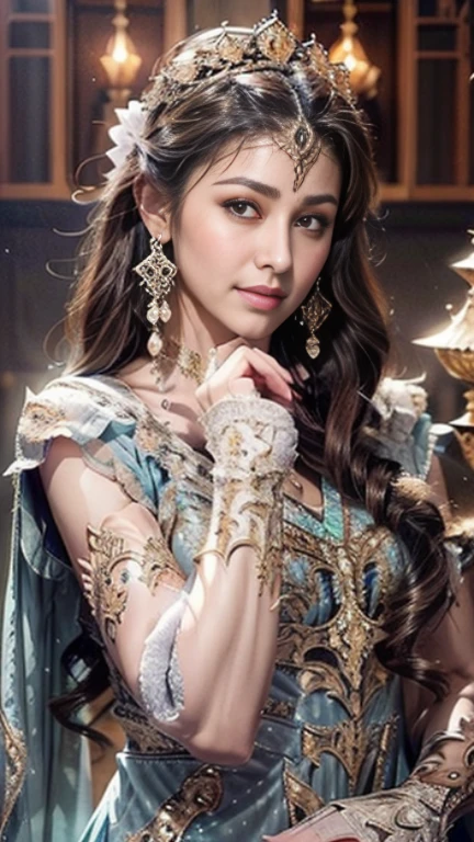 ((Realistic Pakistani castle interior、Legendary Architectural Environment))、super detailed、super realistic、((highest quality、High resolution、8K、UHD,masterpiece)). (Woman dancing), Her beautiful and cute face.((delicate face、detailed eyes and face、double eyelid、Pretty Face))、digital art、hyper realism、surreal、((cowboy shot))