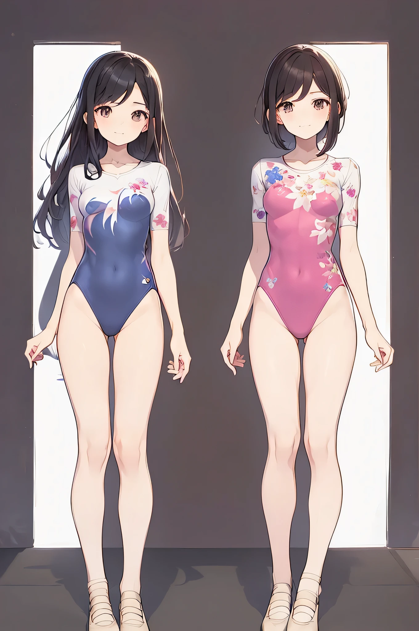 ((full body)),(masterpiece, best quality), (2 girls1.5) ,((Contrapposto:1.5)), looking at viewer, walking,((v_arms:1.2)), (wearing gymnastics_longsleeves_leotard_outfit leotard:1.3),(pink leotard) ,(floral print leotard:1.3),{{wearing gym suit:1.3 }}, BREAK masterpiece black hair, ((long hair:1.2)), ((parted bangs:1.3)), black eyes, good hand, ((small breasts)), (over 20 years old, under 25 years old:1.2), , spotlight, happy, smile, BREAK white background