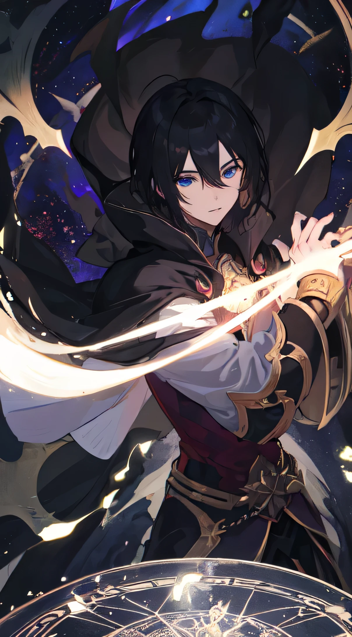 22 year old male, Black short straight hair, blue eyes, Black Elegance, Black hoodless cape ,Control light and dark, Make it like tarot anime style but without the frame, The eyes are firm, magic circle, Light, dark, Light Particles, dark particles, gods, world, Demon God, energy, throne