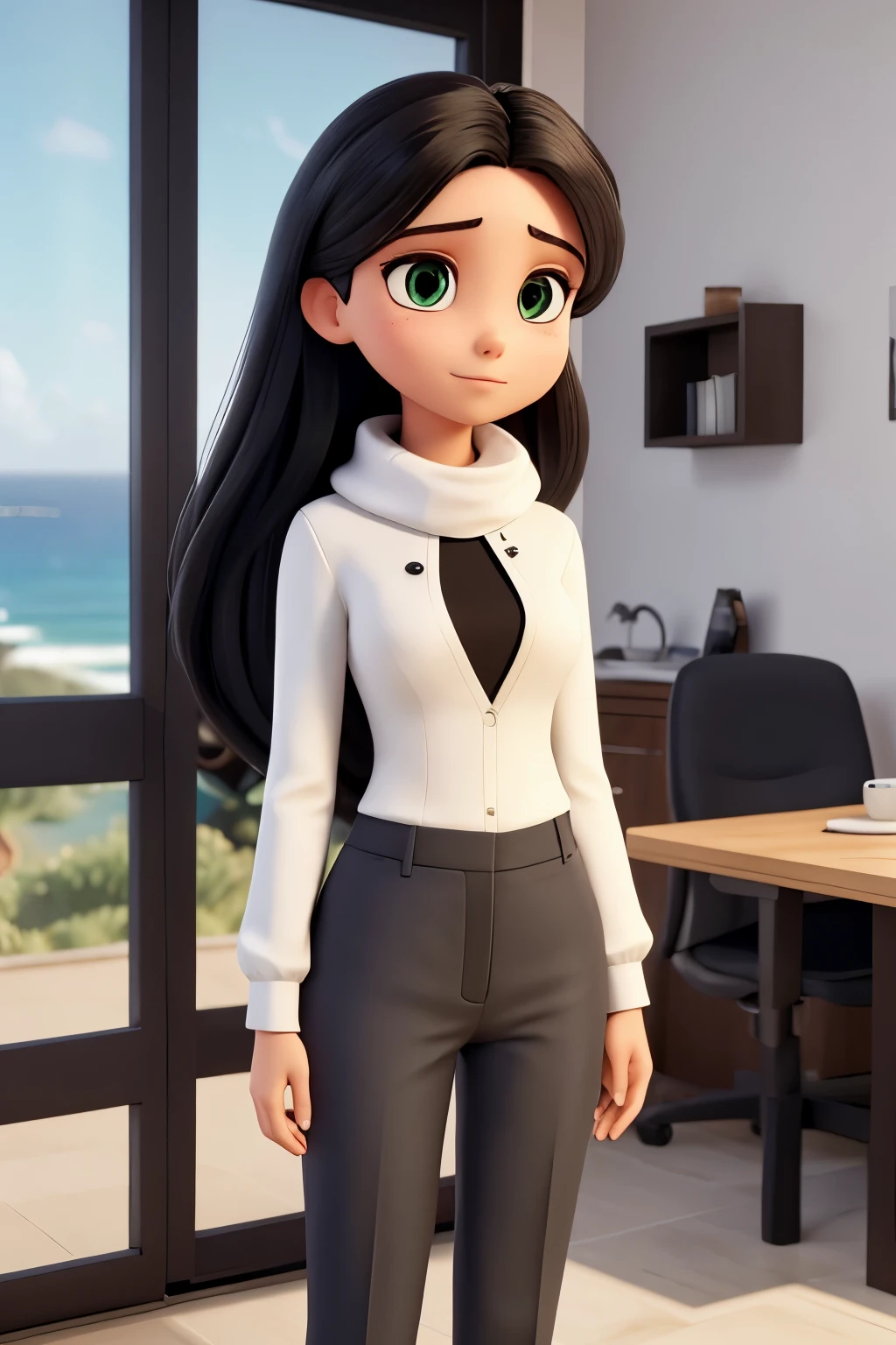 Vitória, 21 years old, wearing a white turtleneck and a black blazer over it with dark green pants and short hair , no meio Luis Roberto Barroso ministro do STF com terno azul escuro cabelos grisalho, next door Lourena, 24 years old with long hair, white blouse and beige pants and long hair and black eyes, all with well-harmonized eyes, as in the photo