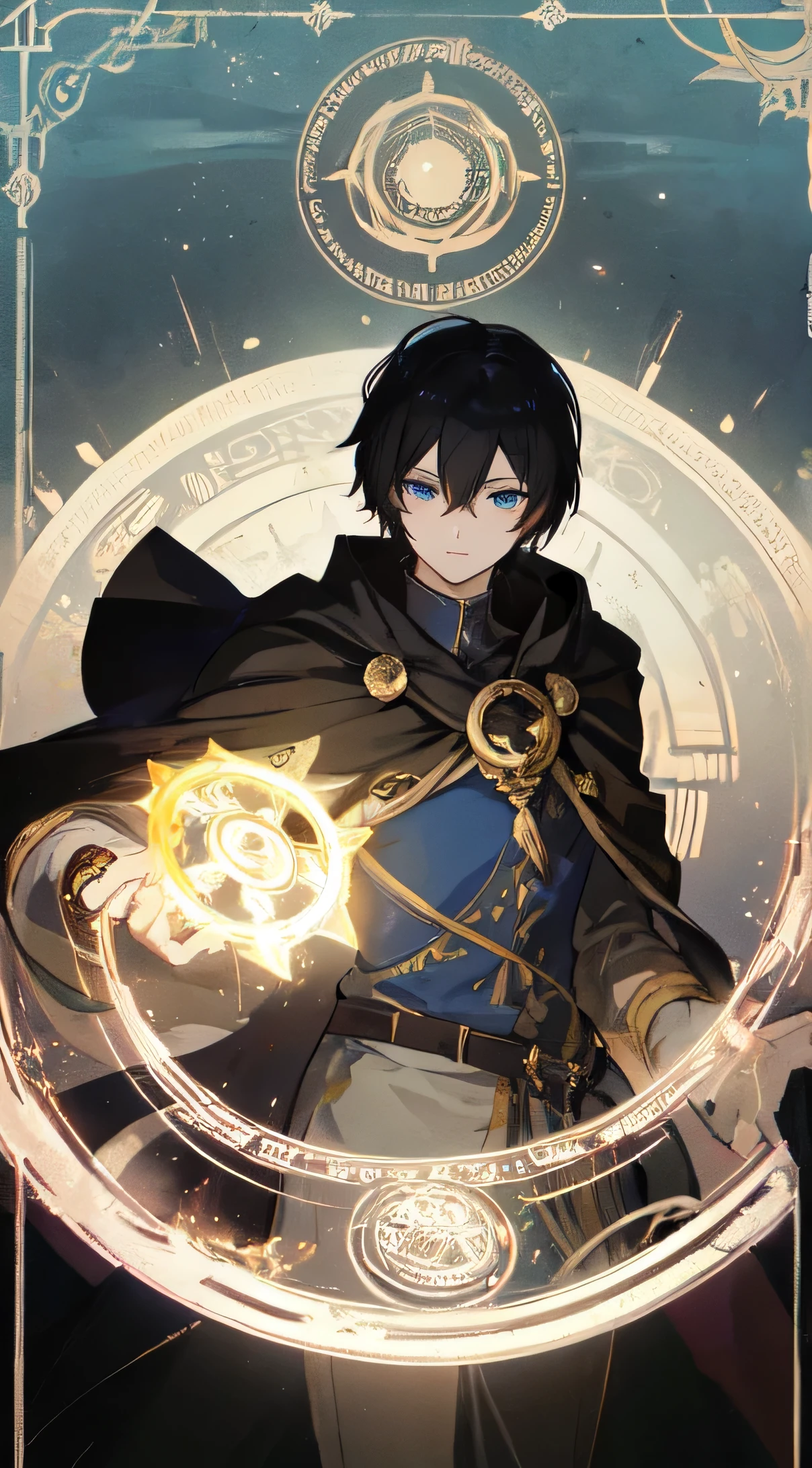 22 year old male, Black short straight hair, blue eyes, Black Elegance, Black hoodless cape ,Control light and dark, Make it like tarot anime style but without the frame, The eyes are firm, magic circle, Light, dark, Light Particles, dark particles, gods, world, Demon God, energy, throne