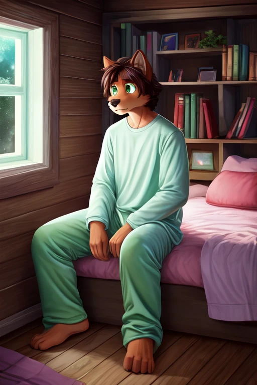 Furry anthropomorphic wolf, Russet brown fur, dark brown hair, dark green eyes, 6'1 and 173 lbs, 41" Chest, 19" Shoulders, 13" Biceps, 32" waist, 23" Thighs, 15" Calves, 19" Back, wearing white T-shirt, wearing mint green pajama pants, sitting on edge of bed, inside bedroom, green walls, logcabin, bookshelves, terrariums, maps on the walls, night time scene, late at night, dark room, nightime outside, looking down, worried, staring, blanket wrapped around themself, soft colors, vivid colors, pastel color, soft shading