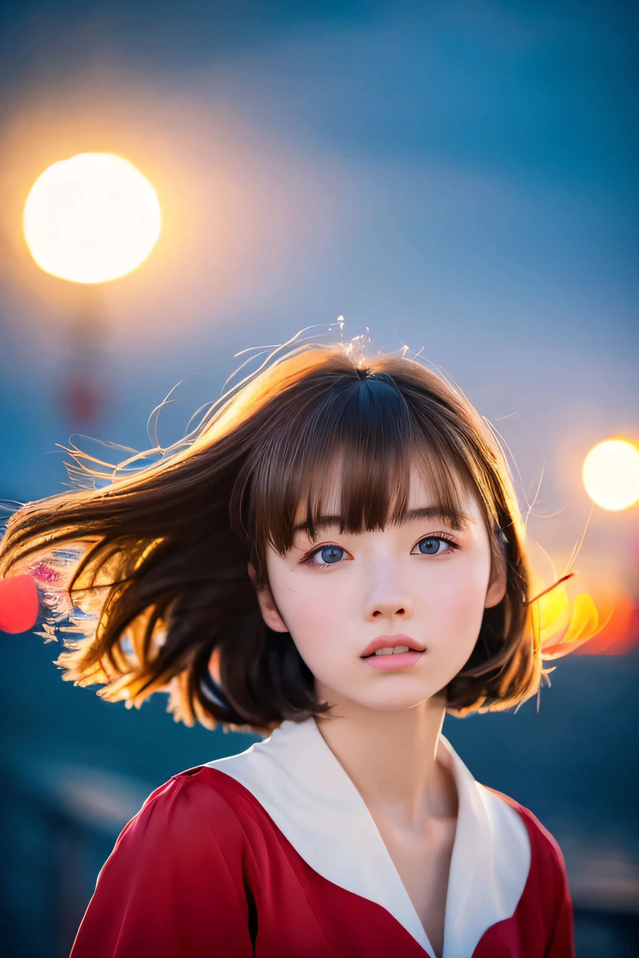 ((hair blowing in the wind、No makeup:1.2))、(realistic、Photoreal、super detailed、best detailed skins、highest quality、masterpiece、超A high resolution)、cute russian woman、14 years、high school girl、young girl、1 girl、have bangs、ash blonde:1.7、double eyelid、drooling eyes、Japanese style face、purity、realistic skin type、Thick fluffy hair、red cheeks、The wind is blowing、lighting from behind、hair blowing in the windがステキ、((short hair、port at night、illuminated by moonlight))