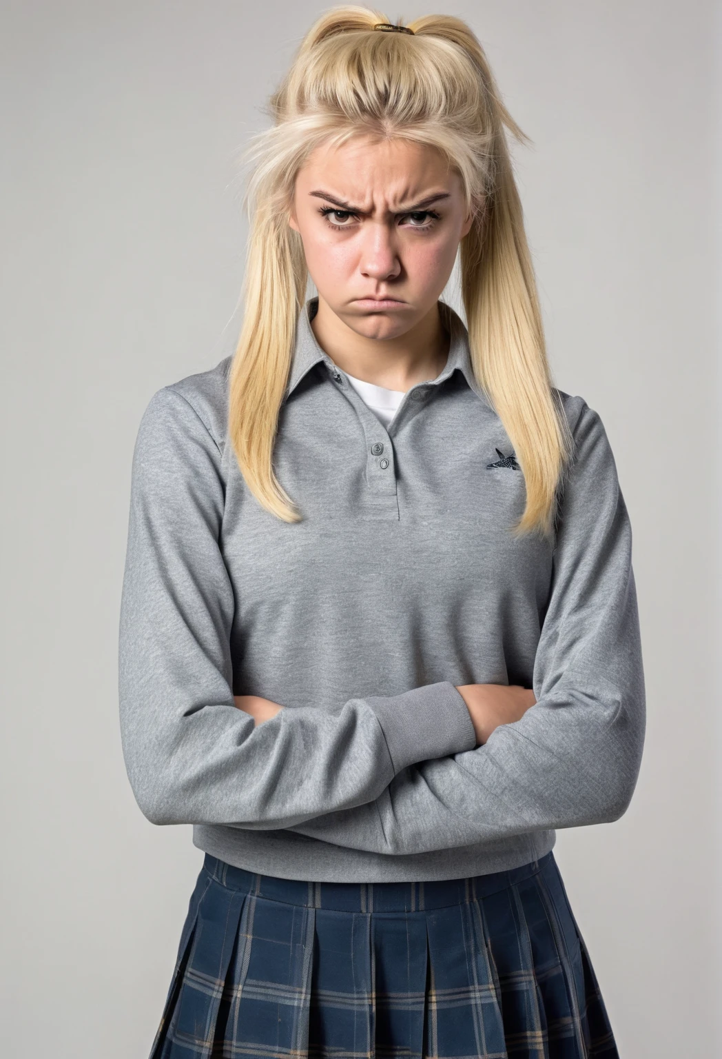 A scowling high school girl,full body,intimidating expression,Blonde hair