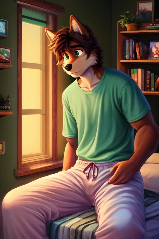 Furry anthropomorphic wolf, Russet brown fur, dark brown hair, dark green eyes, 6'1 and 173 lbs, 41" Chest, 19" Shoulders, 13" Biceps, 32" waist, 23" Thighs, 15" Calves, 19" Back, wearing white T-shirt, wearing mint green pajama pants, sitting on edge of bed, Pine Green bed sheets, inside bedroom, green walls, logcabin, bookshelves, terrariums, maps on the walls, night time scene, late at night, dark room, nightime outside, looking down, worried, staring, blanket wrapped around themself, soft colors, vivid colors, pastel color, soft shading