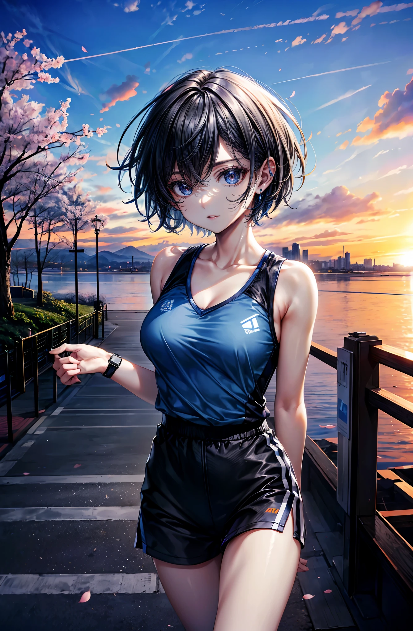 1girl in,Light Sky Blue Tennis Wear,tiny chest,Cute face,Smiling,Short hair,Black hair,public park,Illustration style,masutepiece, extremely fine and beautiful,