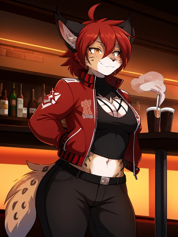 Anthropomorphic furry lynx girl, poison, Red hair, wearing a jacket with a smoke pattern on it, in black pants, hands in bandages, MMA fighter, burn on left eye, robot assistant nearby, big breasts, big ass working in a bar as a bartender in anime style, huge muscled furry, wolf girl in power armor sister of battle, warhammer 40k, aesthetics of the female body, Full-length front view.