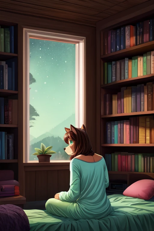 Furry anthropomorphic wolf, Russet brown fur, dark brown hair, dark green eyes, 6'1 and 173 lbs, 41" Chest, 19" Shoulders, 13" Biceps, 32" waist, 23" Thighs, 15" Calves, 19" Back, wearing white T-shirt, wearing mint green pajama pants, sitting on edge of bed, Pine Green bed sheets, inside bedroom, green walls, logcabin, bookshelves, terrariums, maps on the walls, night time scene, late at night, dark room, nightime outside, looking down, worried, staring, blanket wrapped around themself, soft colors, vivid colors, pastel color, soft shading, Precure Artstyle