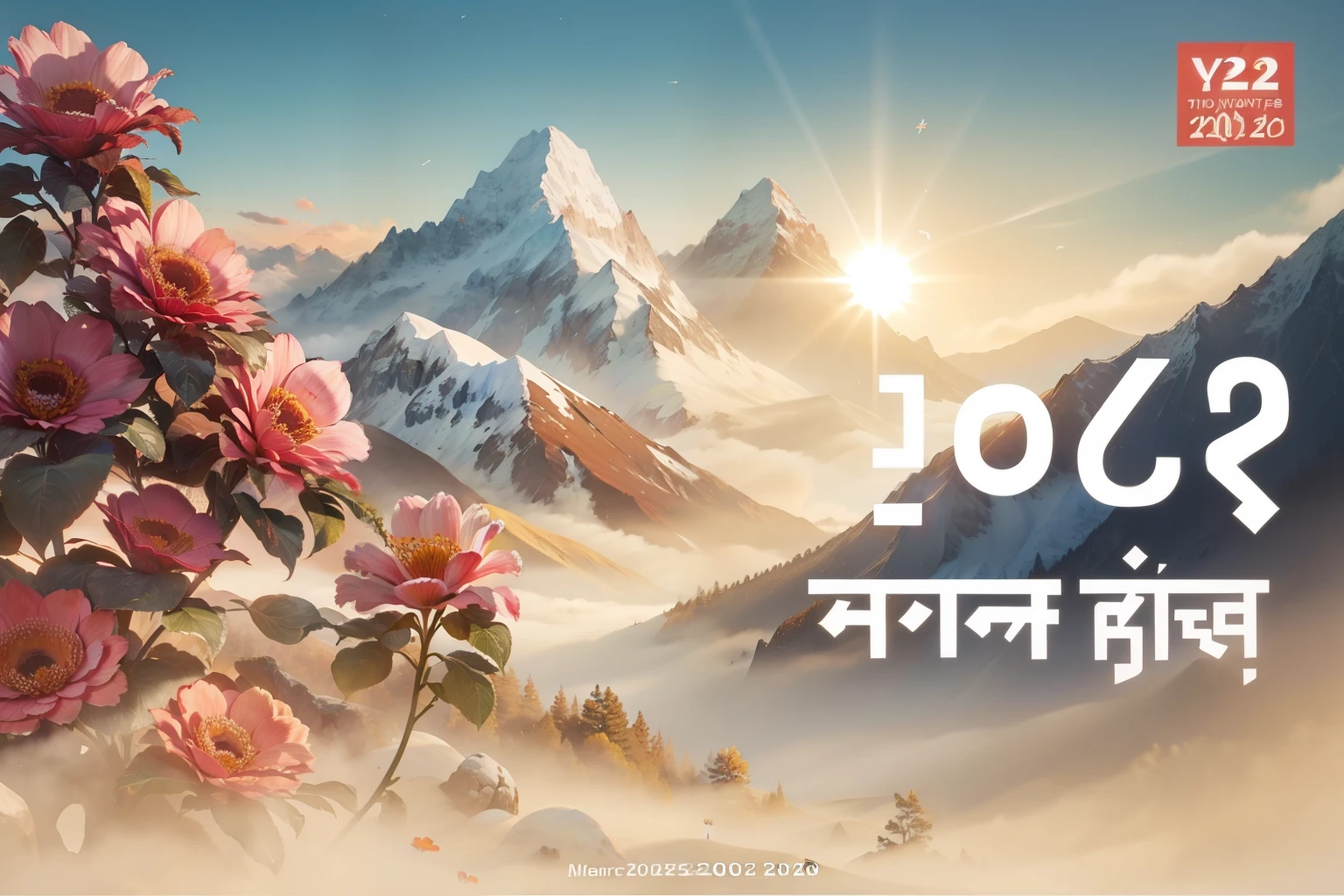 a picture of a mountain with flowers and the sun in the background, year 2 0 4 0, year 2050, year 2 5 0 0, 2024, year 2099, 2 0 2 4, 2049, 2050, 2040, 2030, 2029