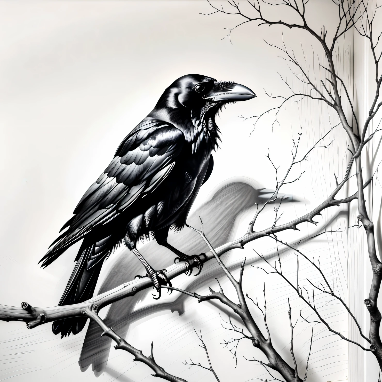 An ingenious graphite drawing on a white wall with the image of a Crow sitting on a dry tree branch, stroke technique, shadows, charcoal, black and white