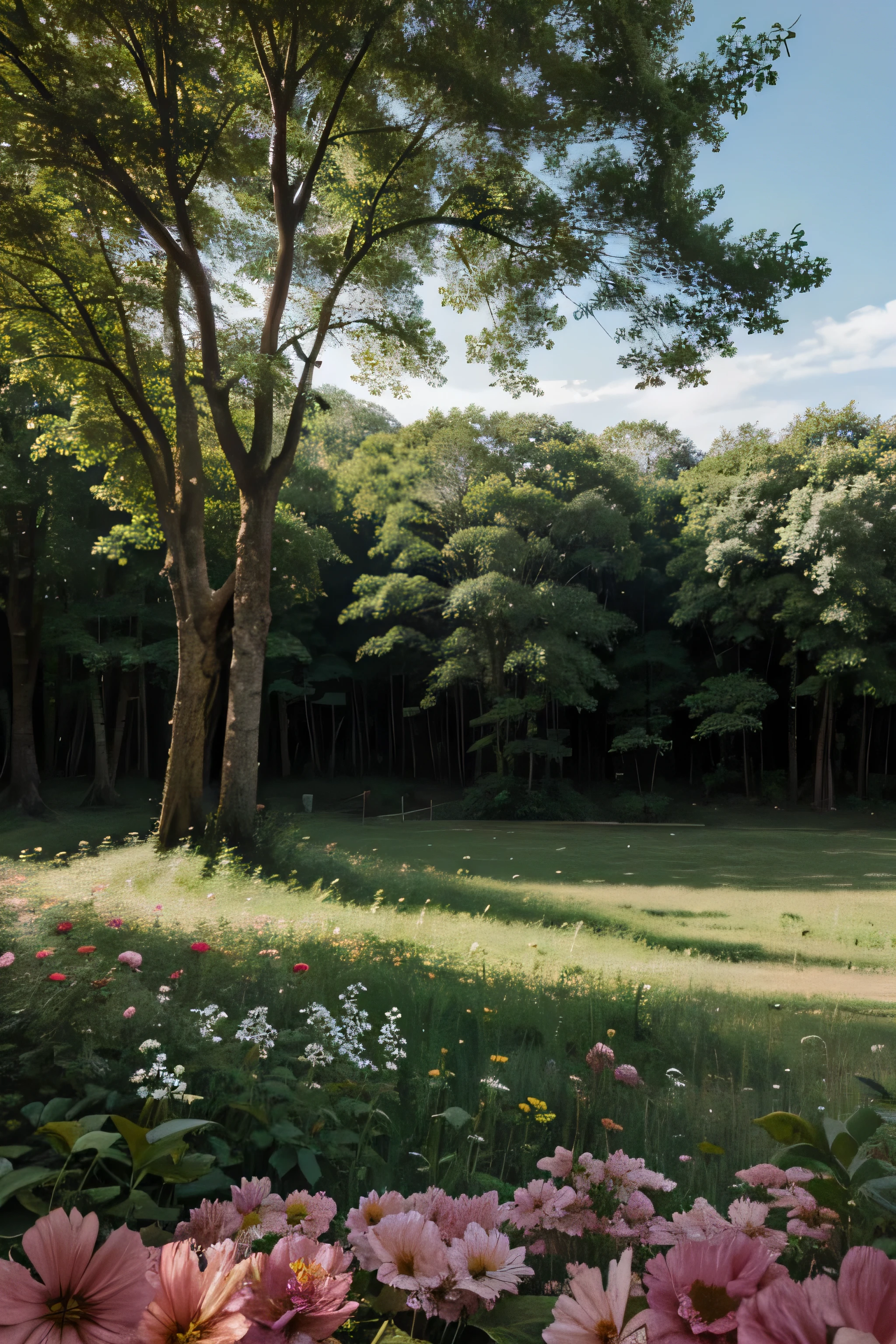 forest painting with large flowers in the foreground in front 
