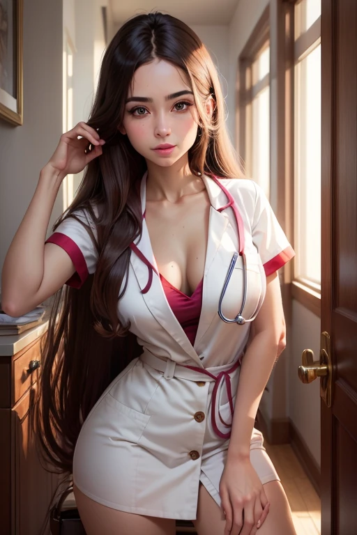 Italian girl, 25 years old, long brown hair dressed as a doctor, busty