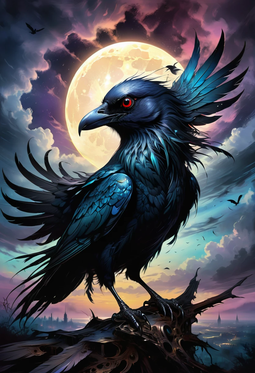 best quality,ultra-detailed,(realistic:1.37) paintings,dark and mysterious atmosphere,ominous colors,[crow],intricate feathers,sharp beak,penetrating gaze,intense expression,eerie silhouette,sinister presence,nighttime scene,moonlit sky,clouds,dramatic lighting,contrast of light and shadow,gothic style,dramatic brushstrokes,texture and depth,colorful plumage,majestic wingspread,haunting presence,foreboding,loneliness,uneasy feeling,impressive details,beautifully captured essence,artistic masterpiece