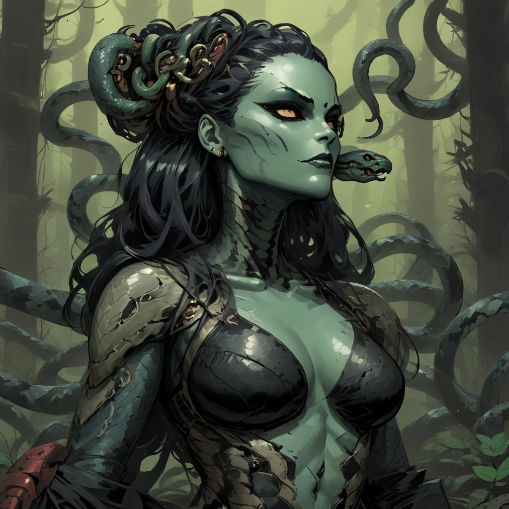 splash page decompressed comic cover art, joelle jones style expressive ink comic, rich color grading, rotoscope hyperrealism, frederic delavier musculature anatomy detailed accurate precise illustration, internal mechanics of robotic Medusa, cinematic, chiaroscuro lighting, surreal, slender medusa filled with steampunk gears and machinery, vertigo, overwhelming, intense, depth, Medusa, splash page decompressed comic cover art, ink style figure, candid, snake skin dress, ((art style expressive Joelle Jones and "Sean Gordon Murphy" comic drawing)), wordless, cinematic poster double exposure, optical illusion, image within image, abyss void black no visibility darkness, full body portrait, (background, pine barrens, entropy, rewilding, magic hour sunset, galaxy stars, cosmos), (horror, abstract, surreal, body, cosmic), body anatomy drawn in Frederic Delavier musculature anatomical illustration art style, (face, ornate black metal corpse paint, resembles Grace Jones), (body, Naga, snakefolk, lower body snake tail, snake woman hybrid, bald, hairless, skeleton, snake skin tattoos, piercing eyes, snake pupils, over the shoulder), (colors, merge bleak muted deep fiery radiant glowing ROYGBIV, forest green to earth brown), craftsmanship nuance, (art style Gerardo Zaffino charcoal), subliminal orchids, nyctophobia, (wordless, single image), silhouette
