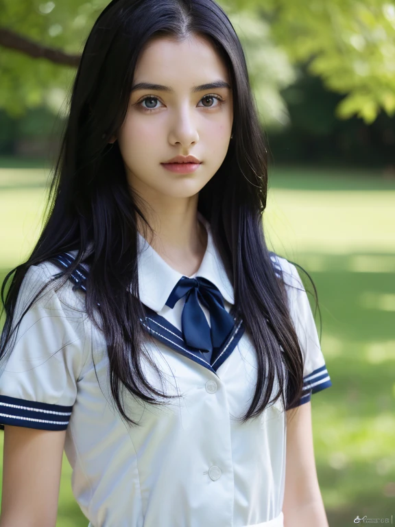 Neat and clean girl、(Schoolgirl Uniform、Loose and large shirt、Shoulders are visible、Nipple bumps、16yo gshirt wet、Sheer white shirt、Navy blue ribbon at the collar、School Uniform Blazer、Dark blue pleated micro mini)、Outside the field、(Slimed)、Photorealsitic、detaileds, Skin Texture, ultra-detailliert、Delicate and sexy collarbone、Super Detailed Face、Detailed lips、A detailed eye、二重まぶた、tiny chest、Smaller chest、small tit、Small、flat breast、Emphasis on the chest、Very distressed look、Very embarrassed look、Lift the hem of the skirt yourself,、Show the camera your white panties