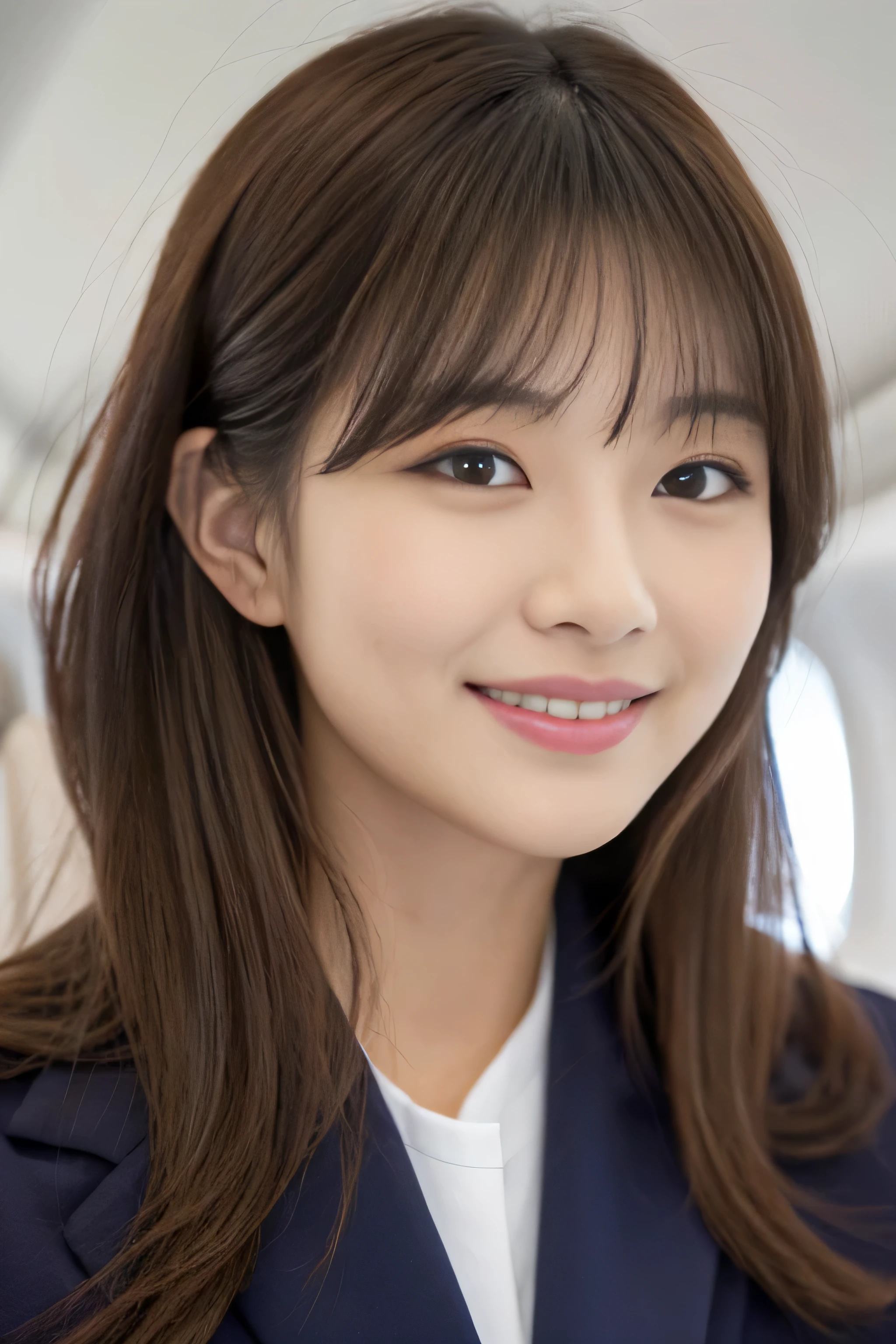 (Shooting from the waist up)　(big breasts)　((highest quality)), ((masterpiece)), (get used to it)　perfect beautiful face　(The most beautiful 24-year-old Japanese in Japan)　　(She stands tall in the aisle of the plane., towards the viewer, With perfect posture)　(This is inside an international flight.　Professional interior decoration)　((She turns to the viewer and gazes lovingly at　and、With a bright face and a smile))　(The bangs are cutely styled in a princess cut., dull bangs)　　Straight Extra Long Hair　パーマのExtra Long Hair　Medium straight　Straight Medium Hair　Perm medium hair　Bob cut straight　(Professional flawless beautiful makeup)　lipstick is bright red　Eyeliner is black　(Her hair is detailed and realistic., thin, shiny,Beautiful luster　a lot of hair　And beautiful.)　((Rich 1.4))　8K　(Ultra-fine skin texture 1.4)　(actual, lively:1.4), double eyelid　sharp focus:1.2、Beautiful woman:1.4　　The whole body is super beautiful々New skin texture　She's perfect, clear, beautiful skin, Typical healthy Japanese skin tone...　Beautiful shiny makeup　Typical Japanese body type　((Typical Stewardess Uniform))　(real photos)　Her hair is jet black.　Her hair color is light brown.　Hair color is natural brown　Hair color is blonde　Hair color is pink