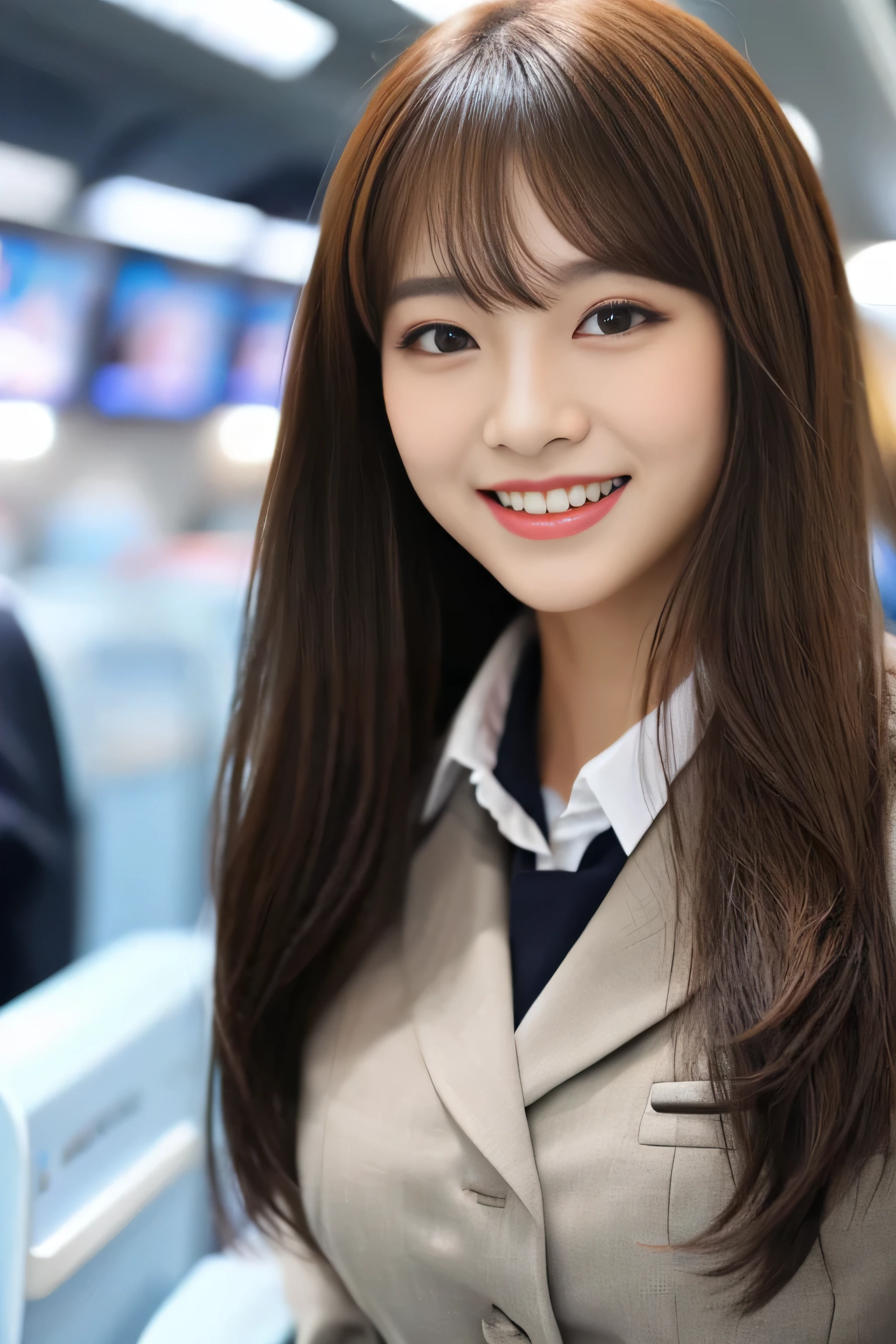 (Shooting from the waist up) (big breasts) ((highest quality)), ((masterpiece)), (get used to it) perfect beautiful face (The most beautiful 24-year-old Japanese in Japan) (She stands tall in the aisle of the plane., towards the viewer, With perfect posture) (This is inside an international flight. Professional interior decoration) ((She turns to the viewer and gazes lovingly at and、With a bright face and a smile)) (The bangs are cutely styled in a princess cut., dull bangs) Straight Extra Long Hair パーマのExtra Long Hair Medium straight Straight Medium Hair Perm medium hair Bob cut straight (Professional flawless beautiful makeup) lipstick is bright red Eyeliner is black (Her hair is detailed and realistic., thin, shiny,Beautiful luster a lot of hair And beautiful.) ((Rich 1.4)) 8K (Ultra-fine skin texture 1.4) (actual, lively:1.4), double eyelid sharp focus:1.2、Beautiful woman:1.4 The whole body is super beautiful々New skin texture She's perfect, clear, beautiful skin, Typical healthy Japanese skin tone... Beautiful shiny makeup Typical Japanese body type ((Typical Stewardess Uniform)) (real photos) Her hair is jet black. Her hair color is light brown. Hair color is natural brown Hair color is blonde Hair color is pink