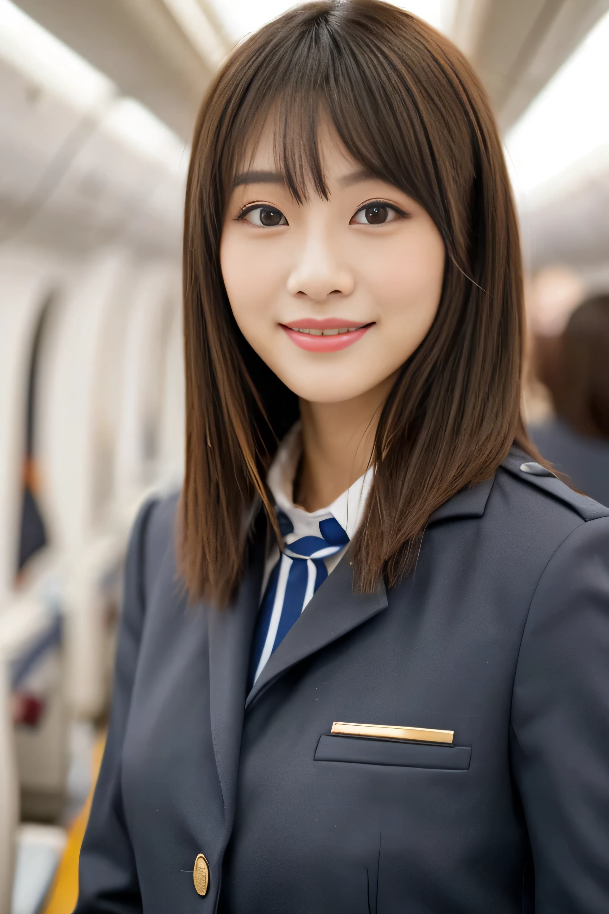 (Shooting from the waist up)　(big breasts)　((highest quality)), ((masterpiece)), (get used to it)　perfect beautiful face　(The most beautiful 24-year-old Japanese in Japan)　　(She stands tall in the aisle of the plane., towards the viewer, With perfect posture)　(This is inside an international flight.　Professional interior decoration)　((She turns to the viewer and gazes lovingly at　and、With a bright face and a smile))　(The bangs are cutely styled in a princess cut., dull bangs)　　Straight Extra Long Hair　パーマのExtra Long Hair　Medium straight　Straight Medium Hair　Perm medium hair　Bob cut straight　(Professional flawless beautiful makeup)　lipstick is bright red　Eyeliner is black　(Her hair is detailed and realistic., thin, shiny,Beautiful luster　a lot of hair　And beautiful.)　((Rich 1.4))　8K　(Ultra-fine skin texture 1.4)　(actual, lively:1.4), double eyelid　sharp focus:1.2、Beautiful woman:1.4　　The whole body is super beautiful々New skin texture　She's perfect, clear, beautiful skin, Typical healthy Japanese skin tone...　Beautiful shiny makeup　Typical Japanese body type　((Typical Stewardess Uniform))　(real photos)　Her hair is jet black.　Her hair color is light brown.　Hair color is natural brown　Hair color is blonde　Hair color is pink