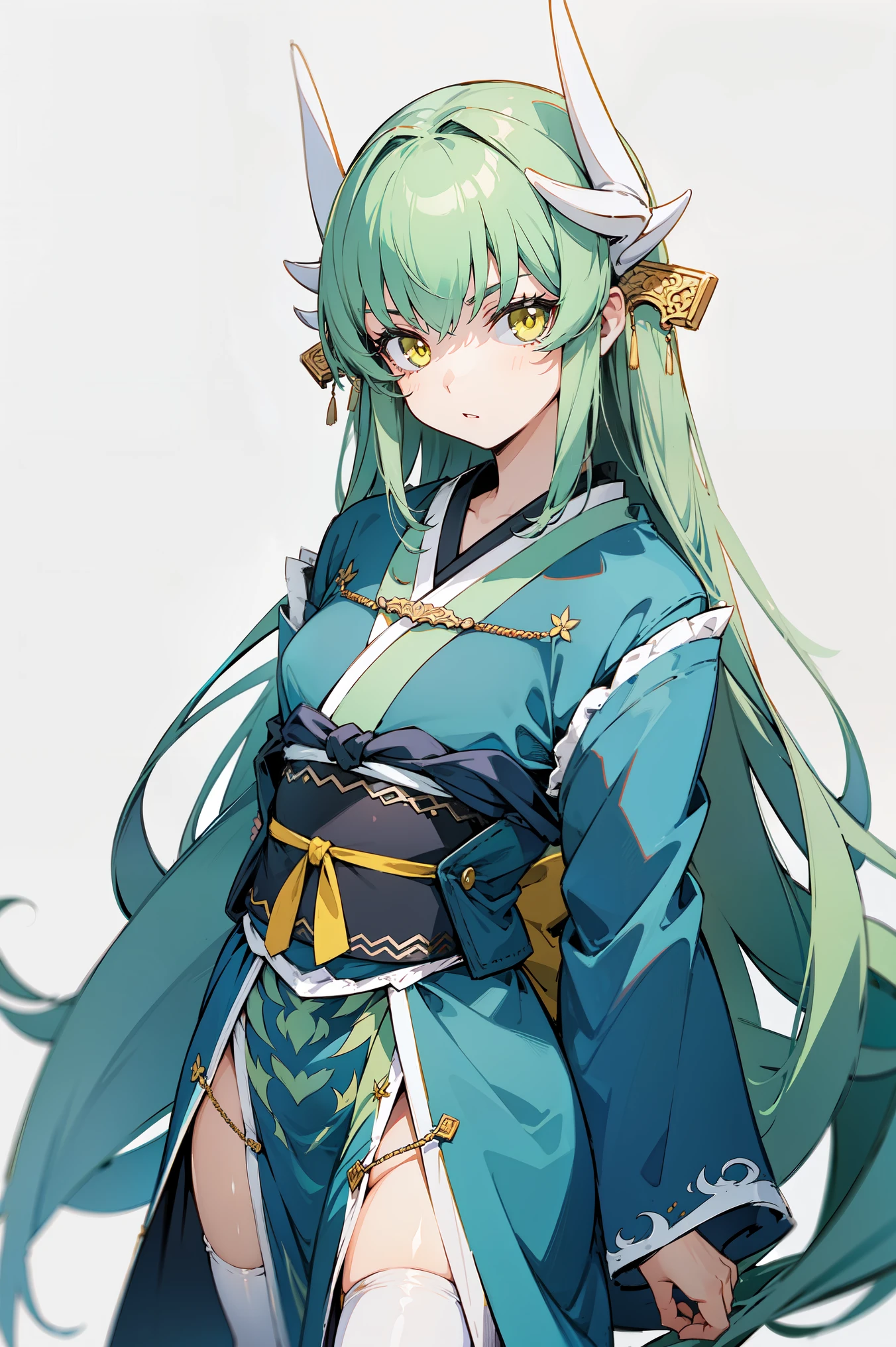 1girl, solo, aakiyo, long hair, green hair, white horns, hair ornament, yellow eyes, green kimono, pelvic curtain, white thighhighs, neutral, serious, looking at viewer, upper body, standing, arms behind back, simple background, white background, masterpiece, best quality