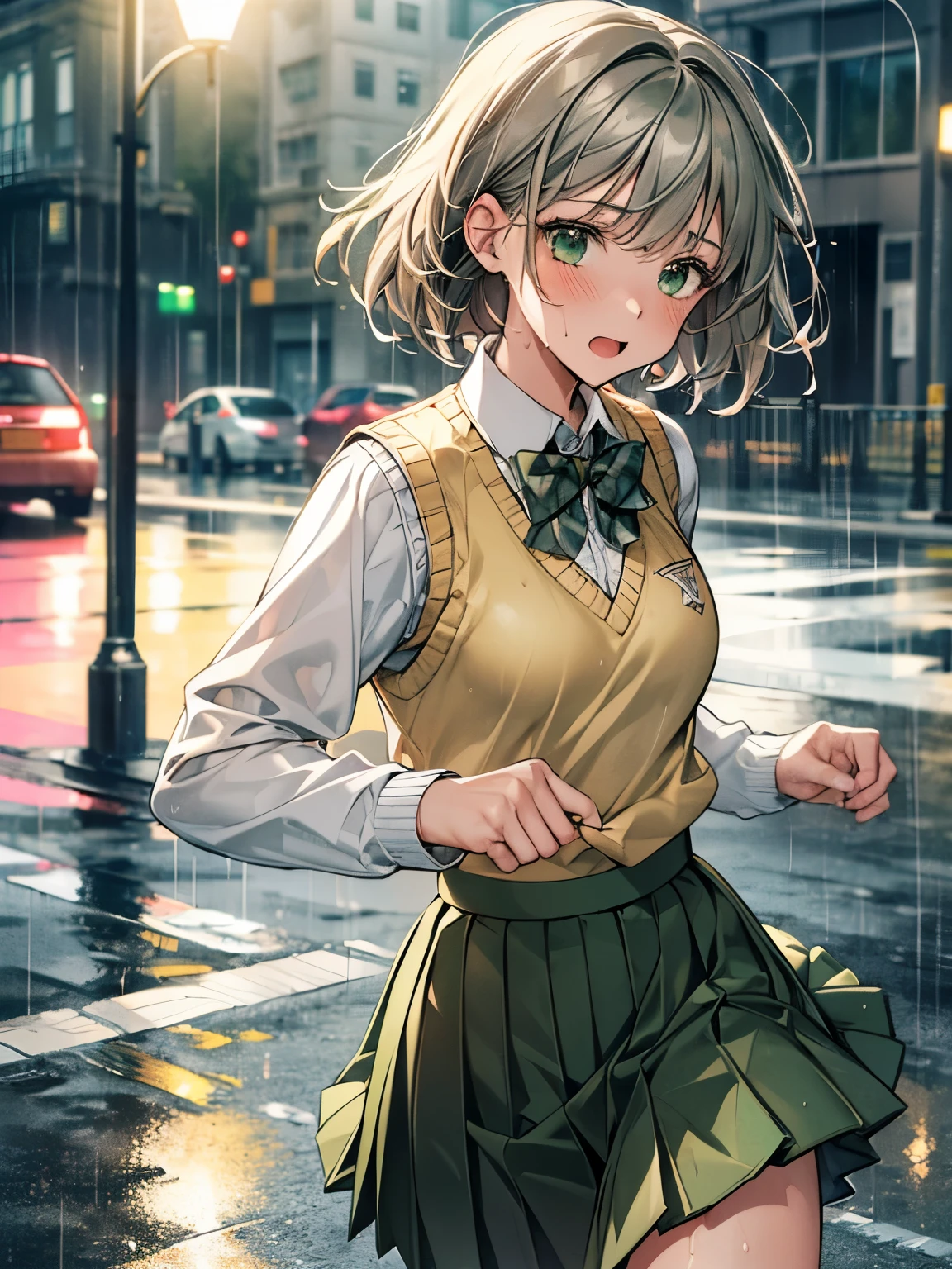 1 girl, Solo, Cute Girl, 16 years old, Best Quality, Ultra-detailed, 8K, High resolution, Detailed face, gray hair, medium short hair, (((wet hair, wet clothes, heavy rain, running on the street, panicking))), (((school uniform, knitted vest, light yellow vest, bowtie, long sleeve shirt, pleated skirt, green skirt)))),