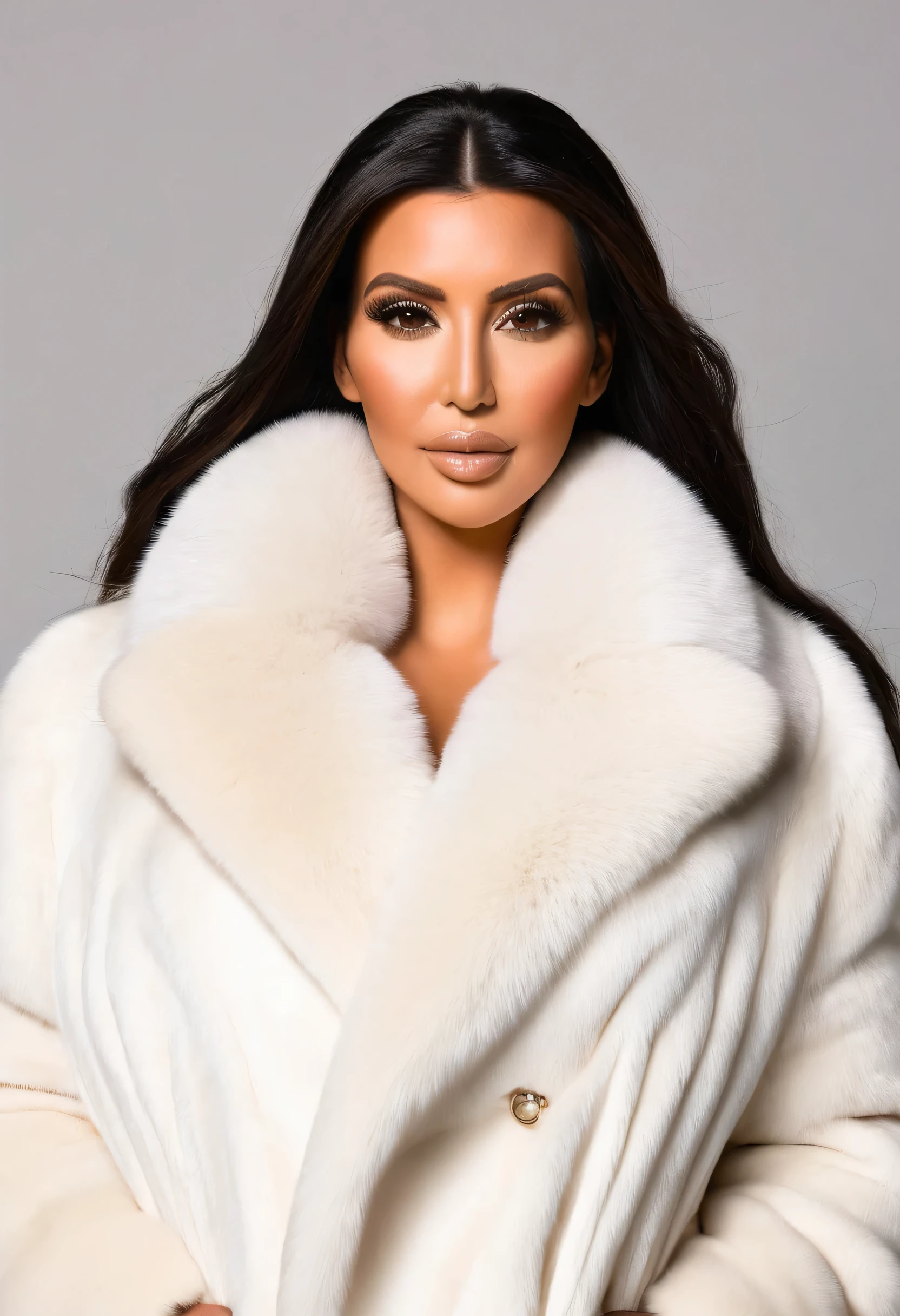 A very wide and very thick, manteau de fourrure extra long, en vison blanc, fifty centimeters thick, duveteux, naturel, with an ultra thick white mink fur collar, three layers, sur Kim Kardashian, fully nude profile view, elle pose les mains sur les seins, bare shoulders, and two large breast discovered by the fur, at sunny Pebble Beach golf