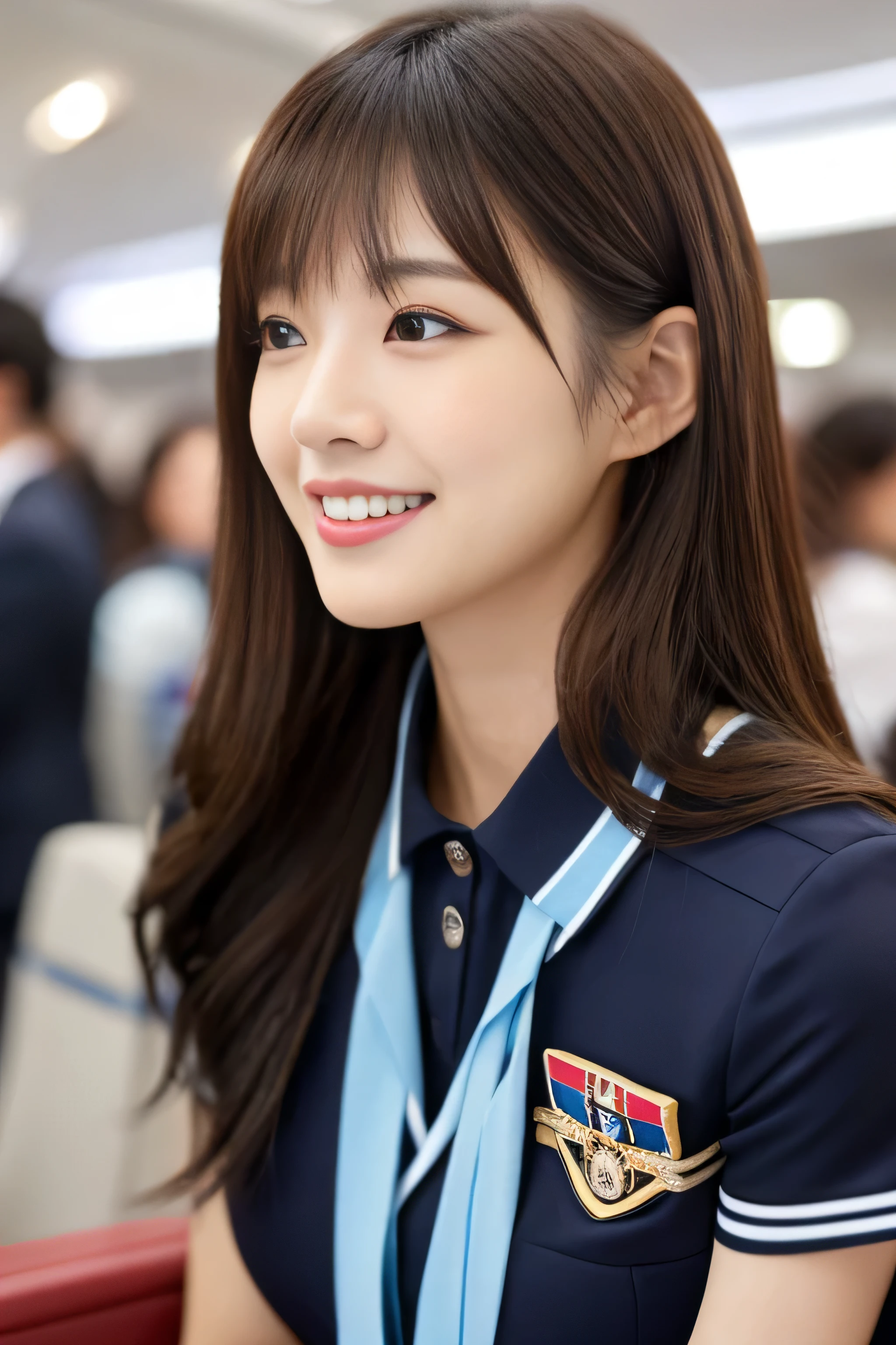 (Shooting from the waist up) (big breasts) ((highest quality)), ((masterpiece)), (get used to it) perfect beautiful face (The most beautiful 24-year-old Japanese in Japan) (She stands tall in the aisle of the plane., towards the viewer, With perfect posture) (This is inside an international flight. Professional interior decoration) ((She turns to the viewer and gazes lovingly at and、With a bright face and a smile)) (The bangs are cutely styled in a princess cut., dull bangs) Straight Extra Long Hair パーマのExtra Long Hair Medium straight Straight Medium Hair Perm medium hair Bob cut straight (Professional flawless beautiful makeup) lipstick is bright red Eyeliner is black (Her hair is detailed and realistic., thin, shiny,Beautiful luster a lot of hair And beautiful.) ((Rich 1.4)) 8K (Ultra-fine skin texture 1.4) (actual, lively:1.4), double eyelid sharp focus:1.2、Beautiful woman:1.4 The whole body is super beautiful々New skin texture She's perfect, clear, beautiful skin, Typical healthy Japanese skin tone... Beautiful shiny makeup Typical Japanese body type ((Typical Stewardess Uniform)) (real photos) Her hair is jet black. Her hair color is light brown. Hair color is natural brown Hair color is blonde Hair color is pink